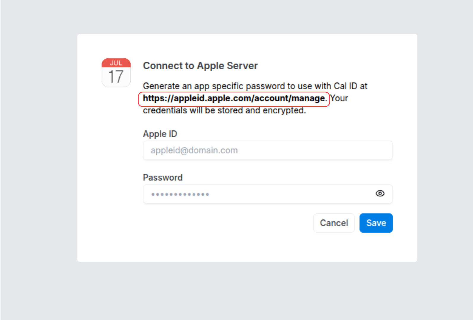 Apple Calendar connection setup page