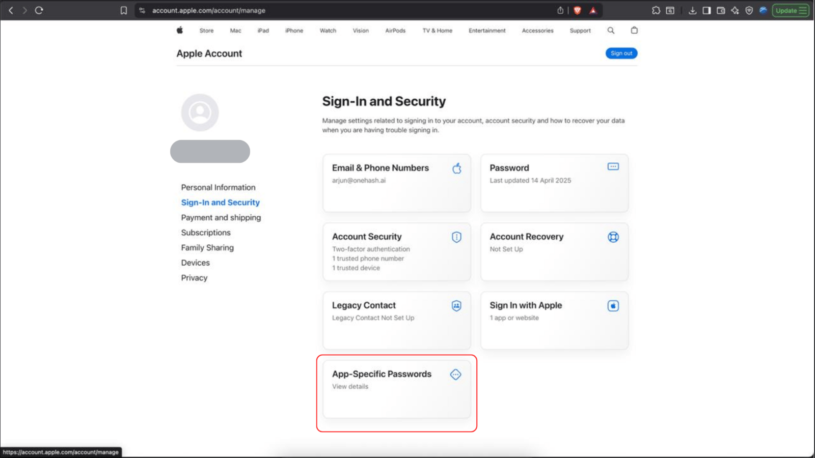 App-specific passwords option on Apple ID account page