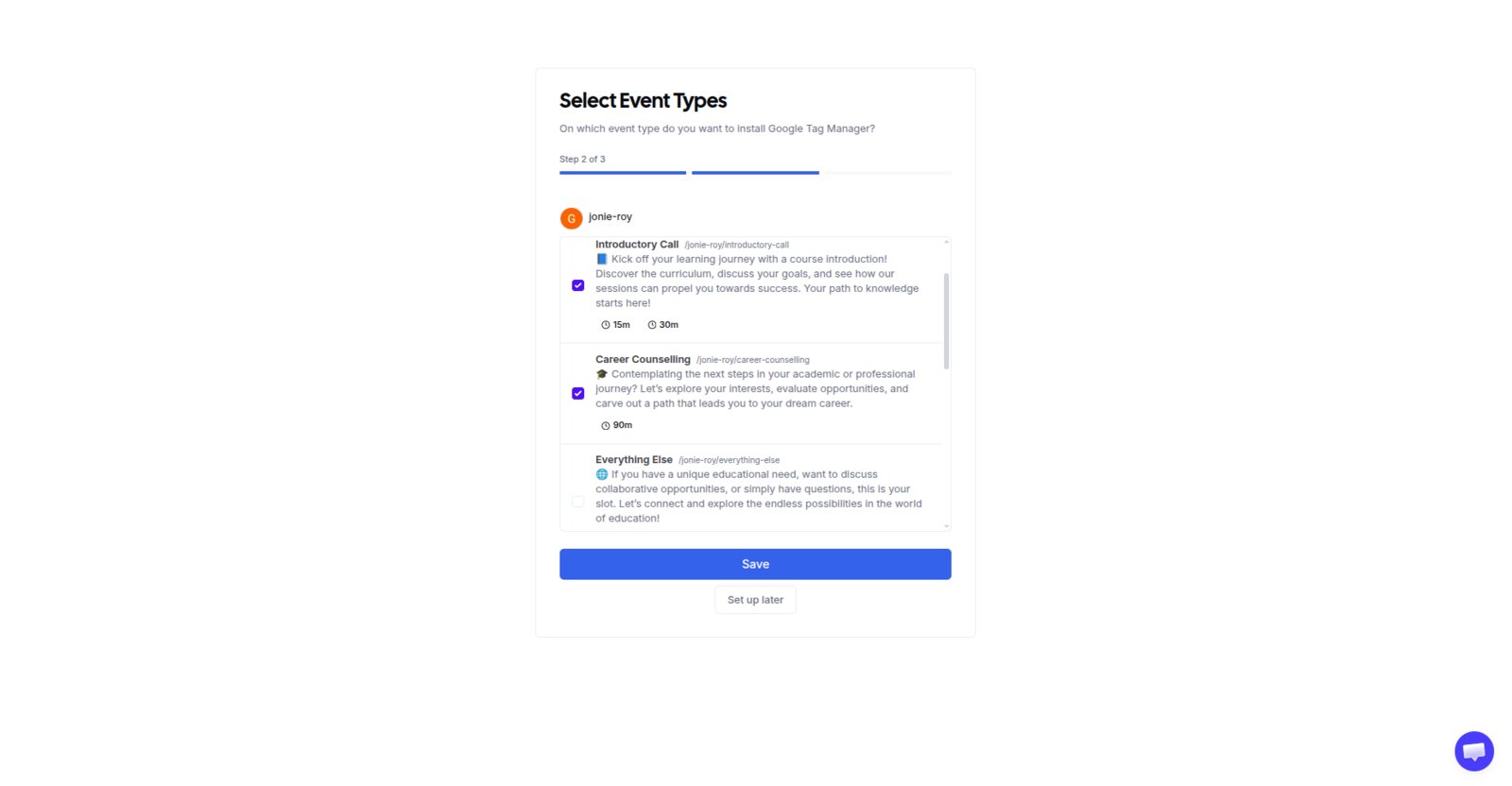 Selecting event types for GTM