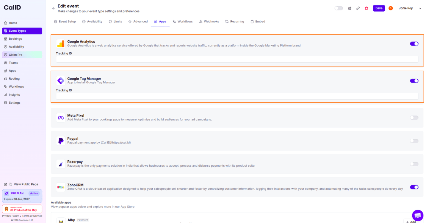 Toggling tracking tools for an event type