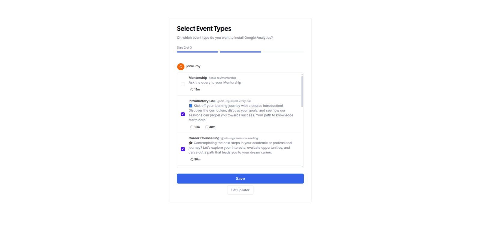 Selecting event types to track