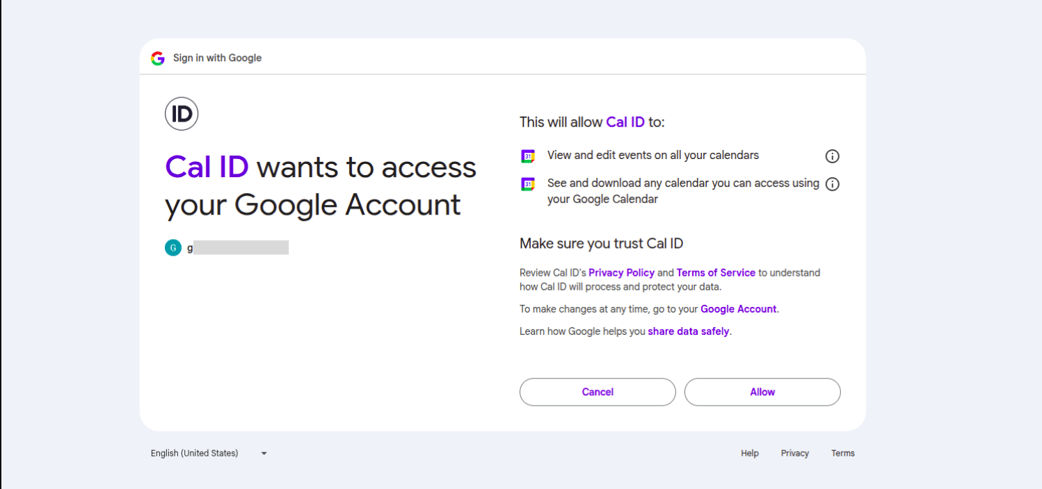 Google Calendar permission options
