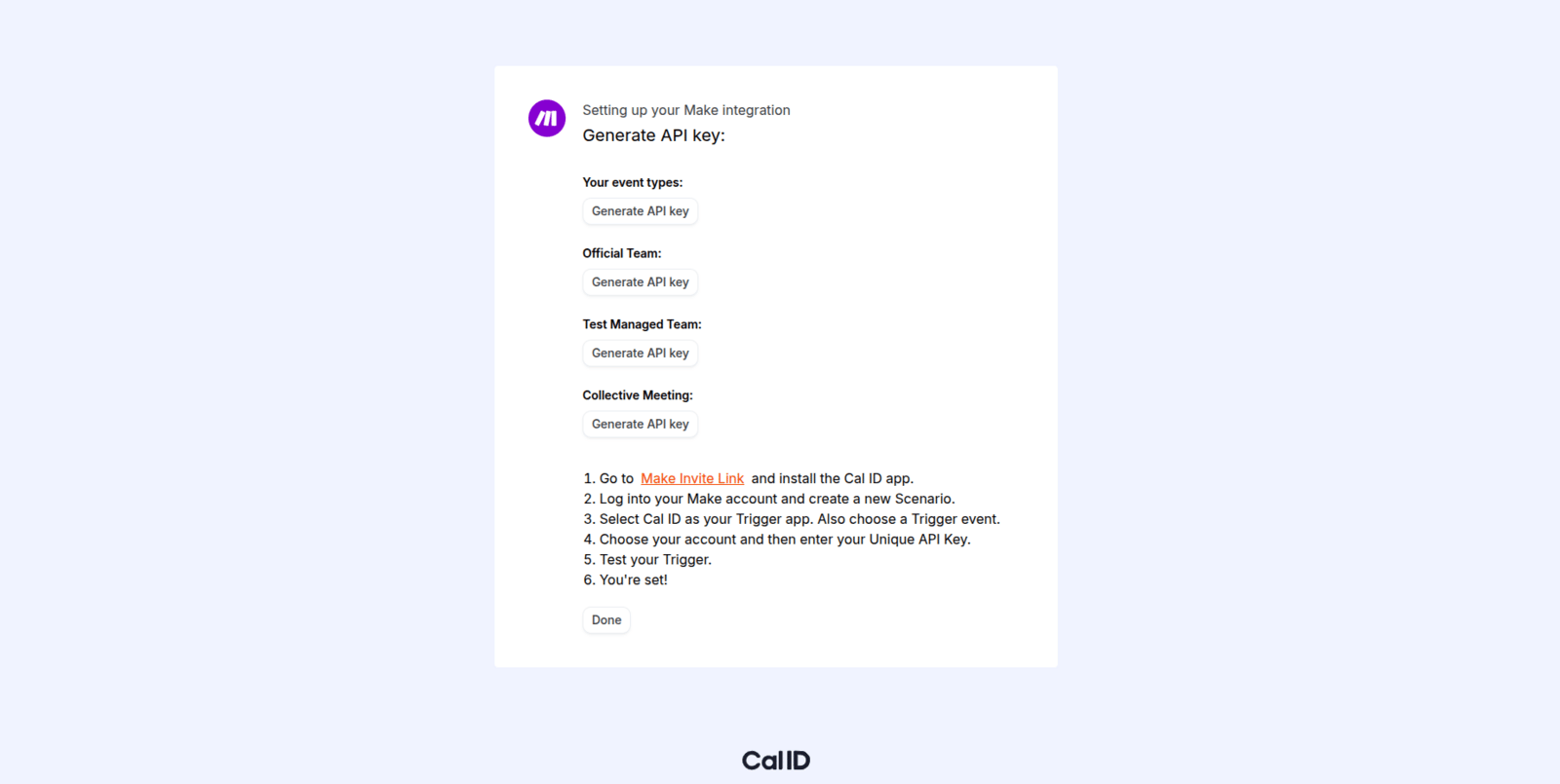 API keys page