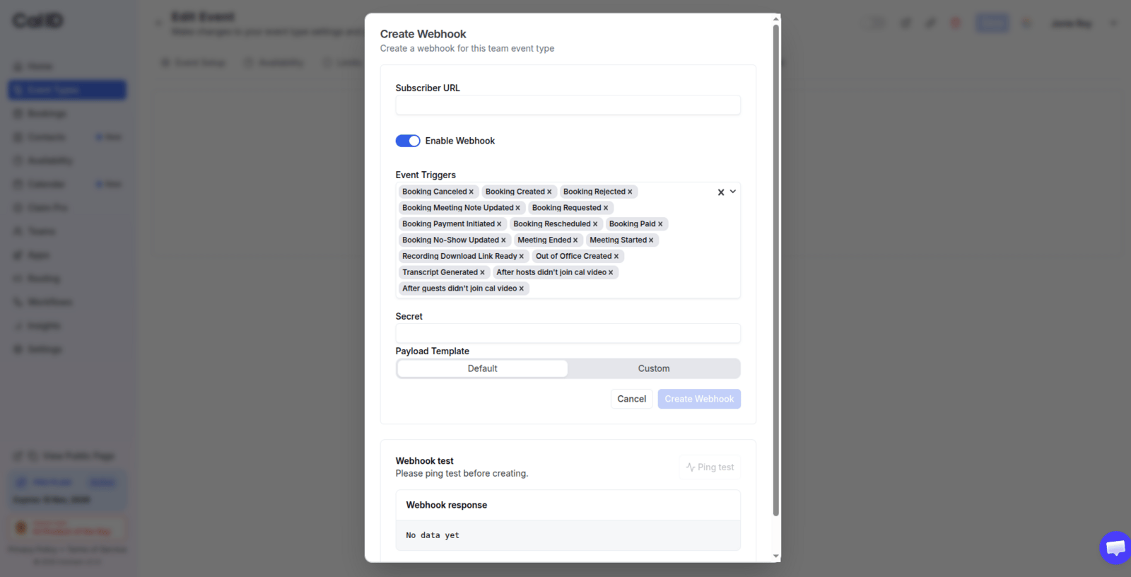 Adding a webhook to an event type