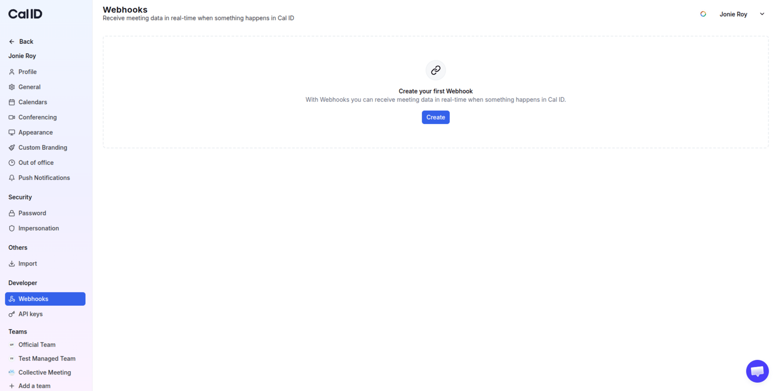 New Webhook button in Developer settings