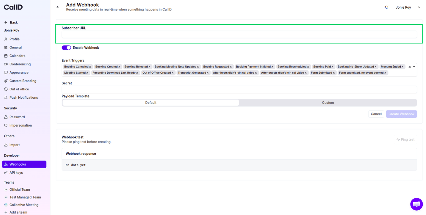 Subscriber URL field