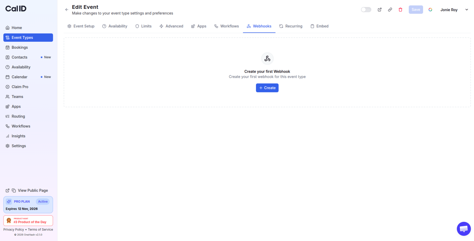 Webhooks tab in event settings