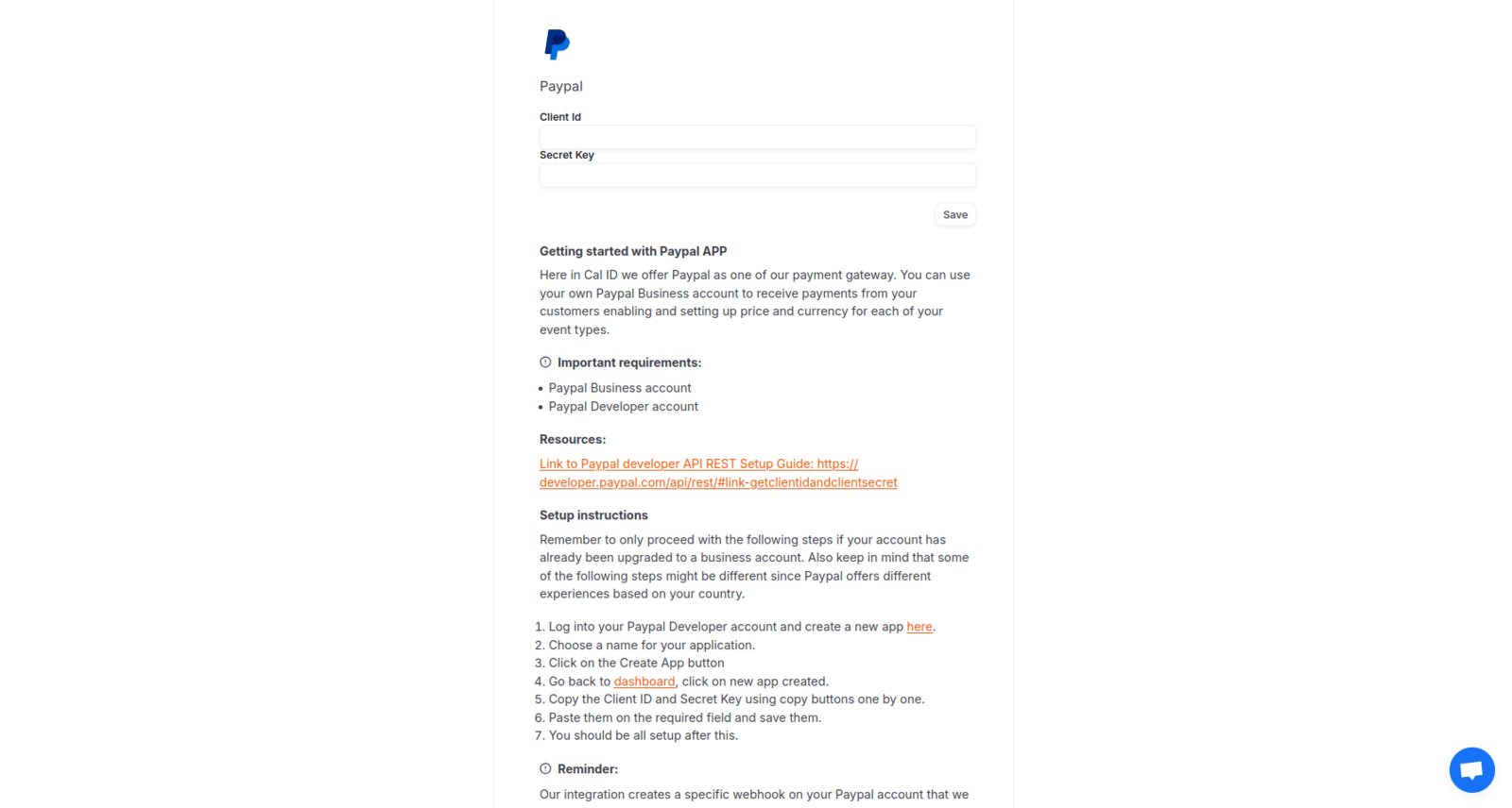 PayPal Client ID and Secret Key fields