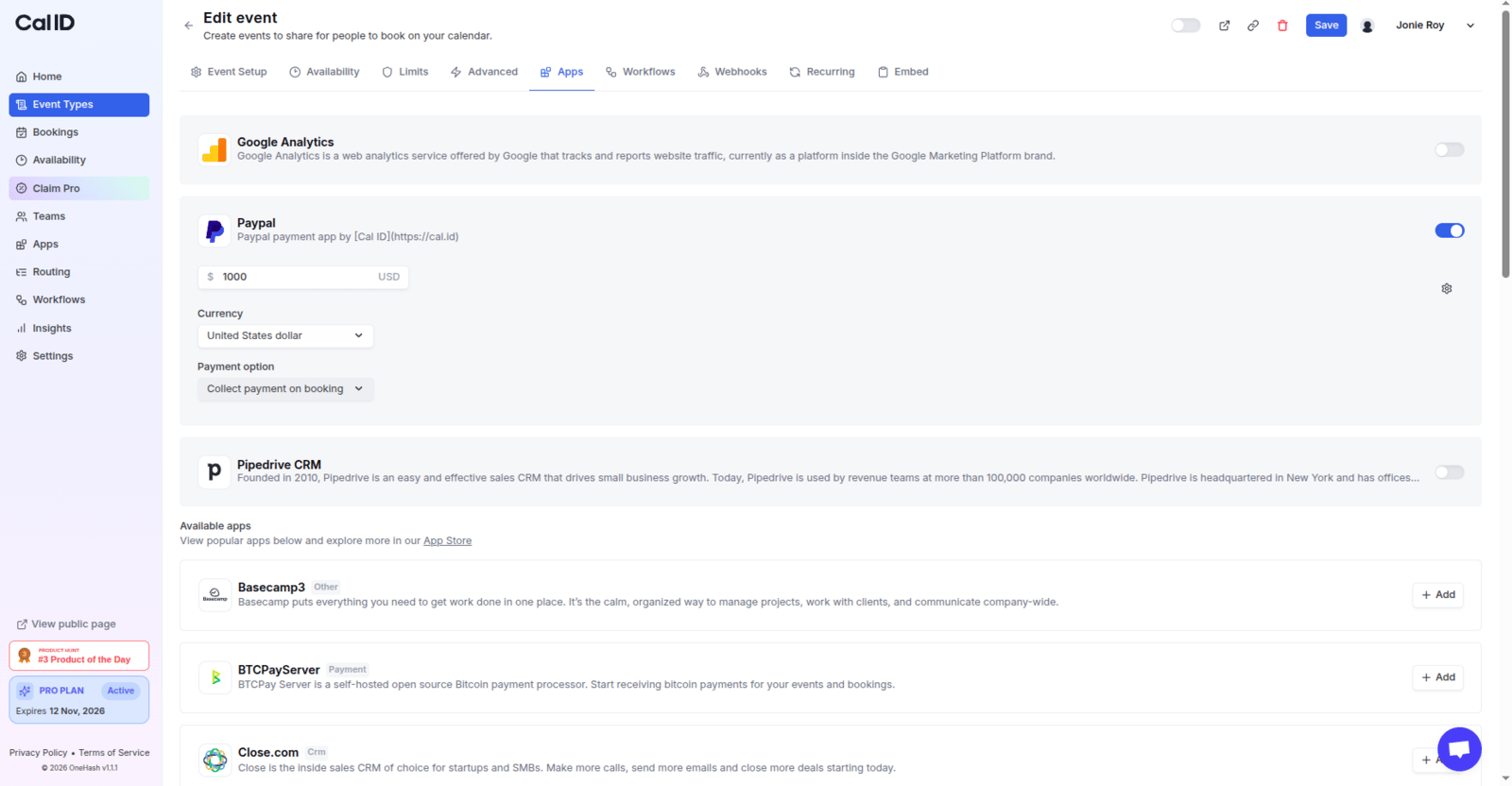 PayPal toggle in the event type Apps section