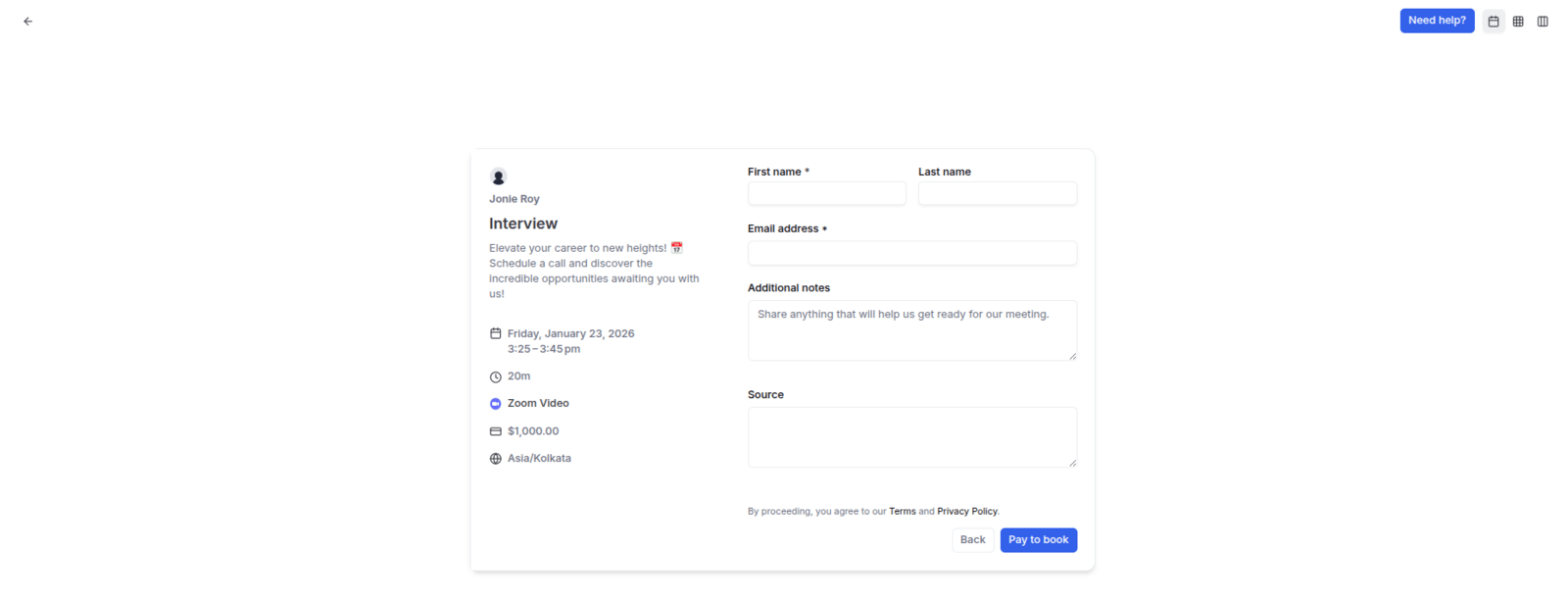 Booking page with PayPal payment