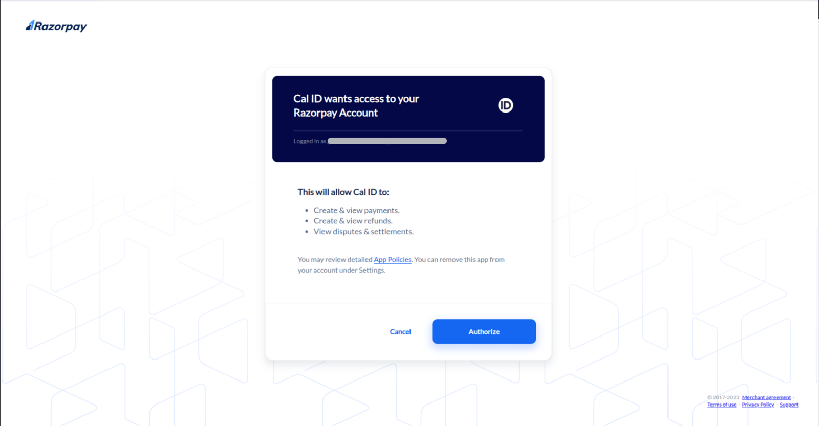 Razorpay authorization screen