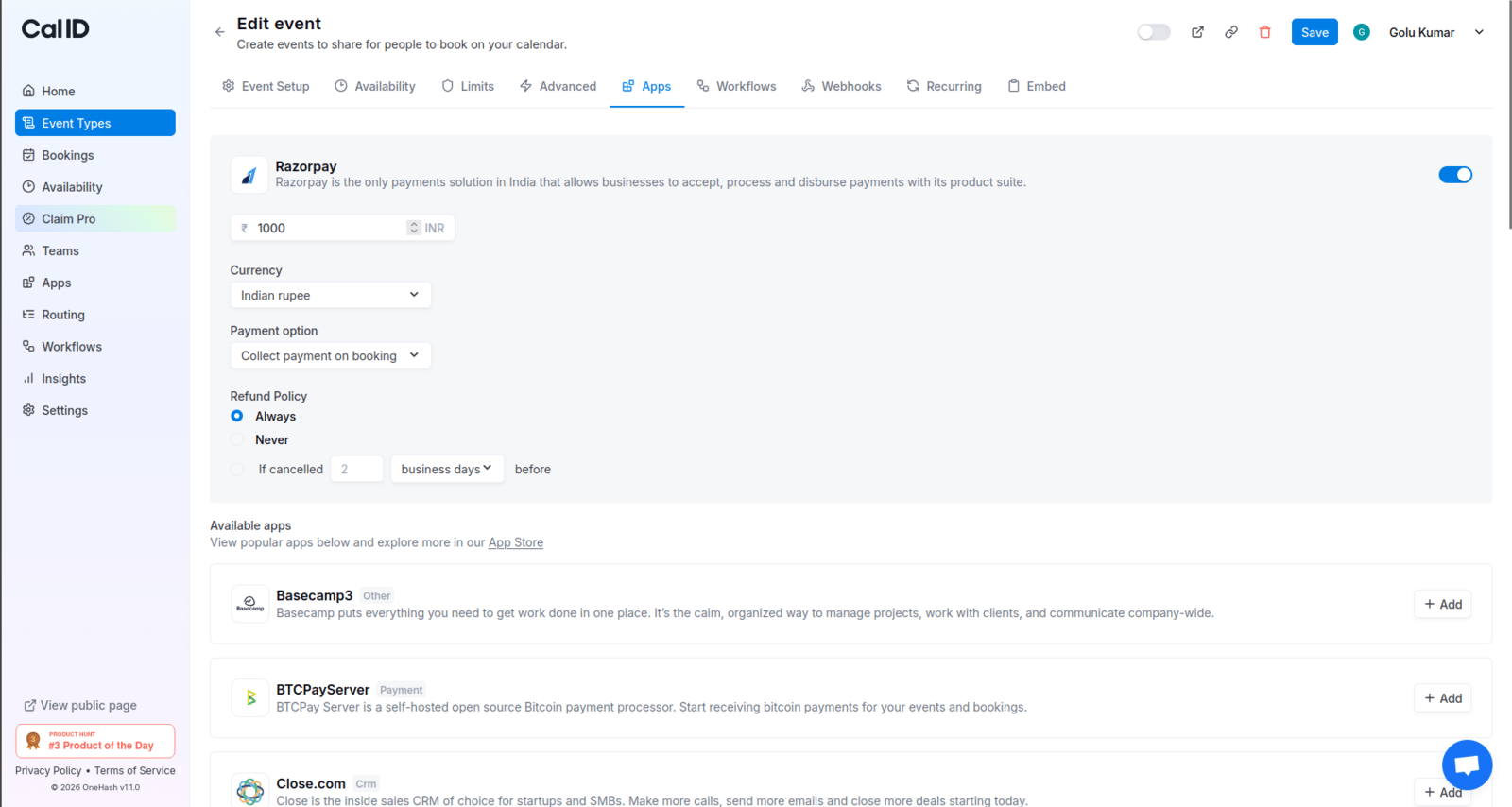 Razorpay refund policy options