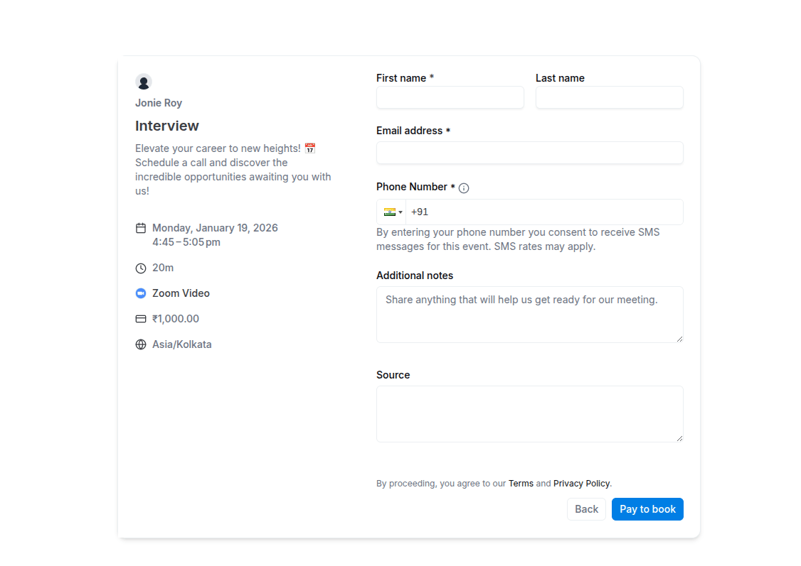 Booking page with Razorpay payment