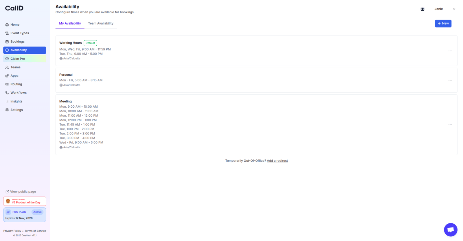 Availability schedule list with the New button