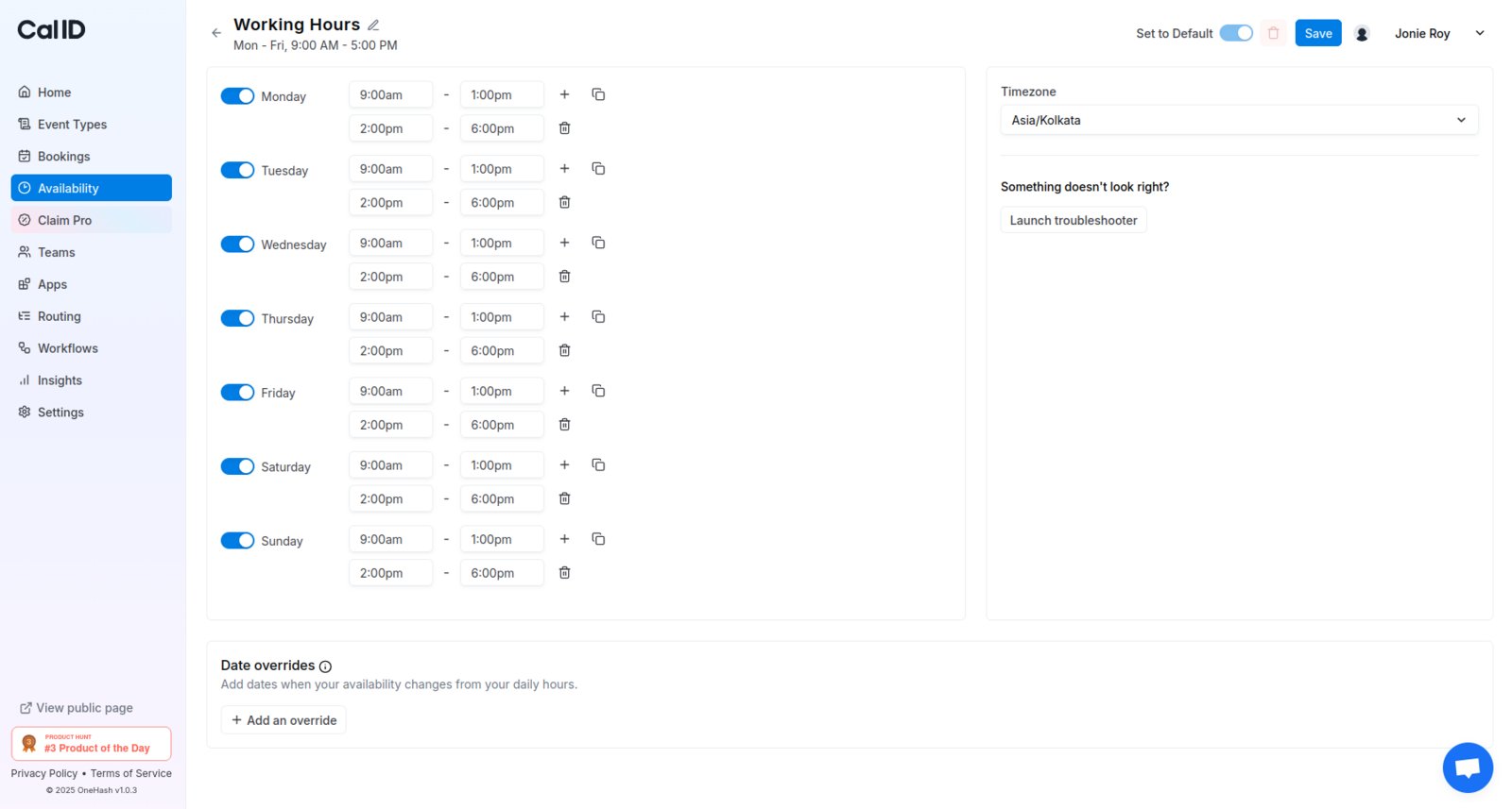 Weekly hours with day toggles and time slots