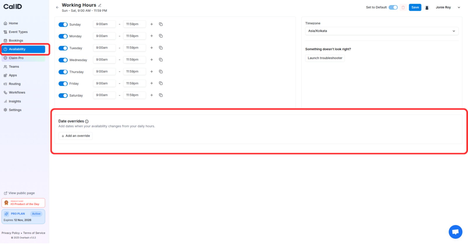 Date Overrides section of a schedule