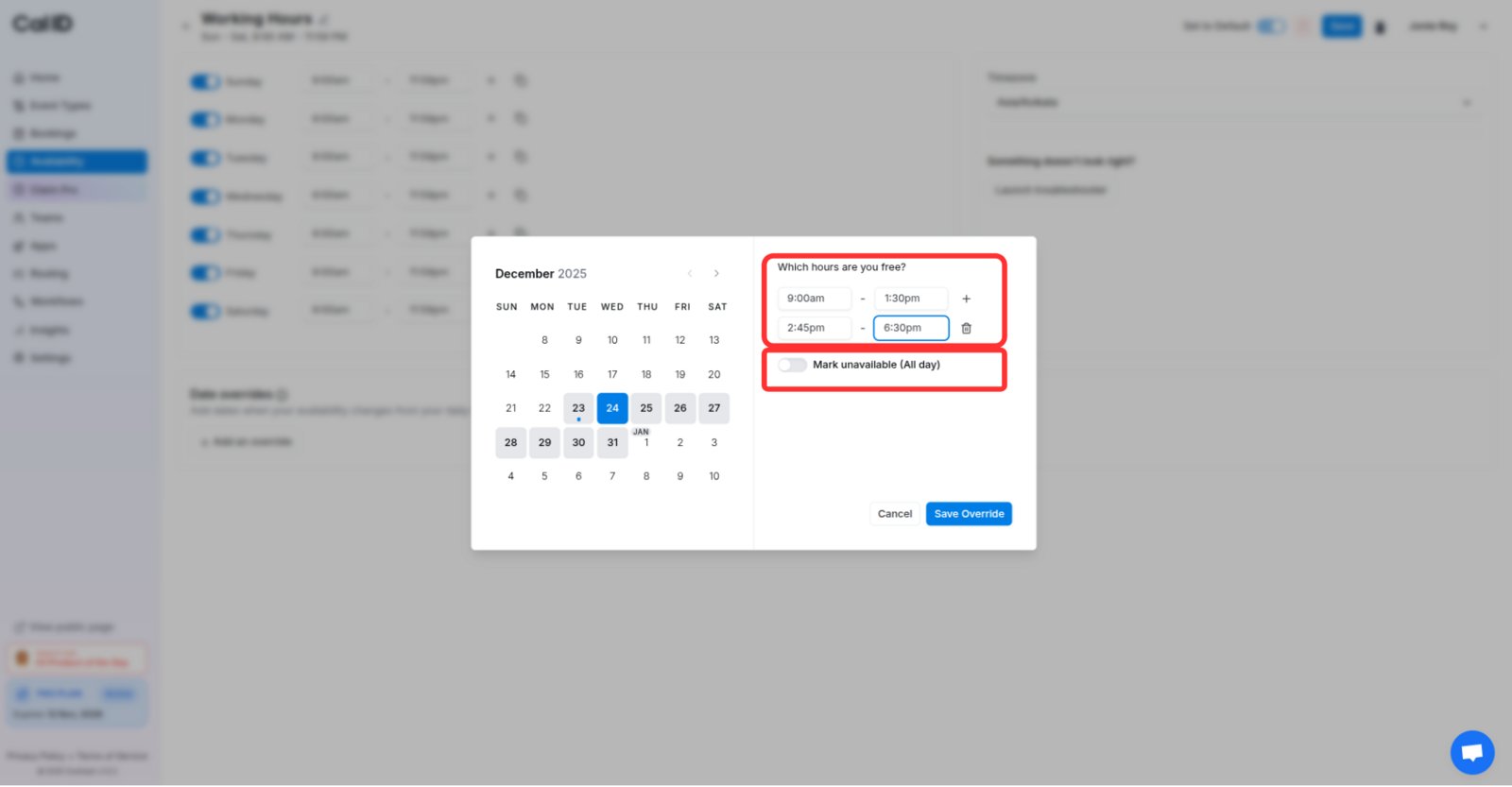 Setting override hours or marking unavailable