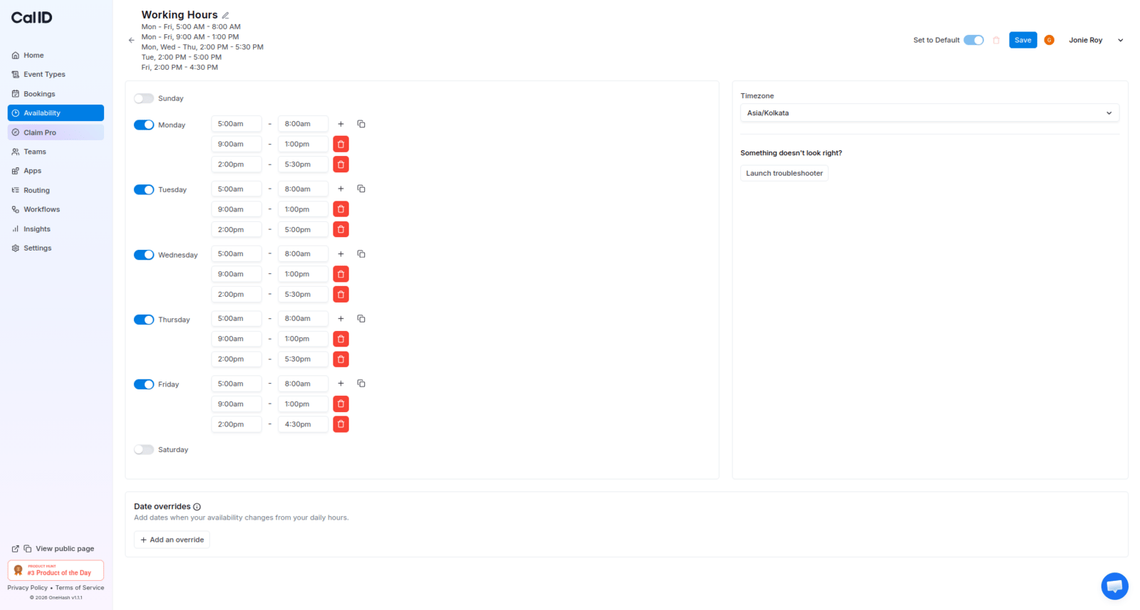 Multiple time slots configured for a day