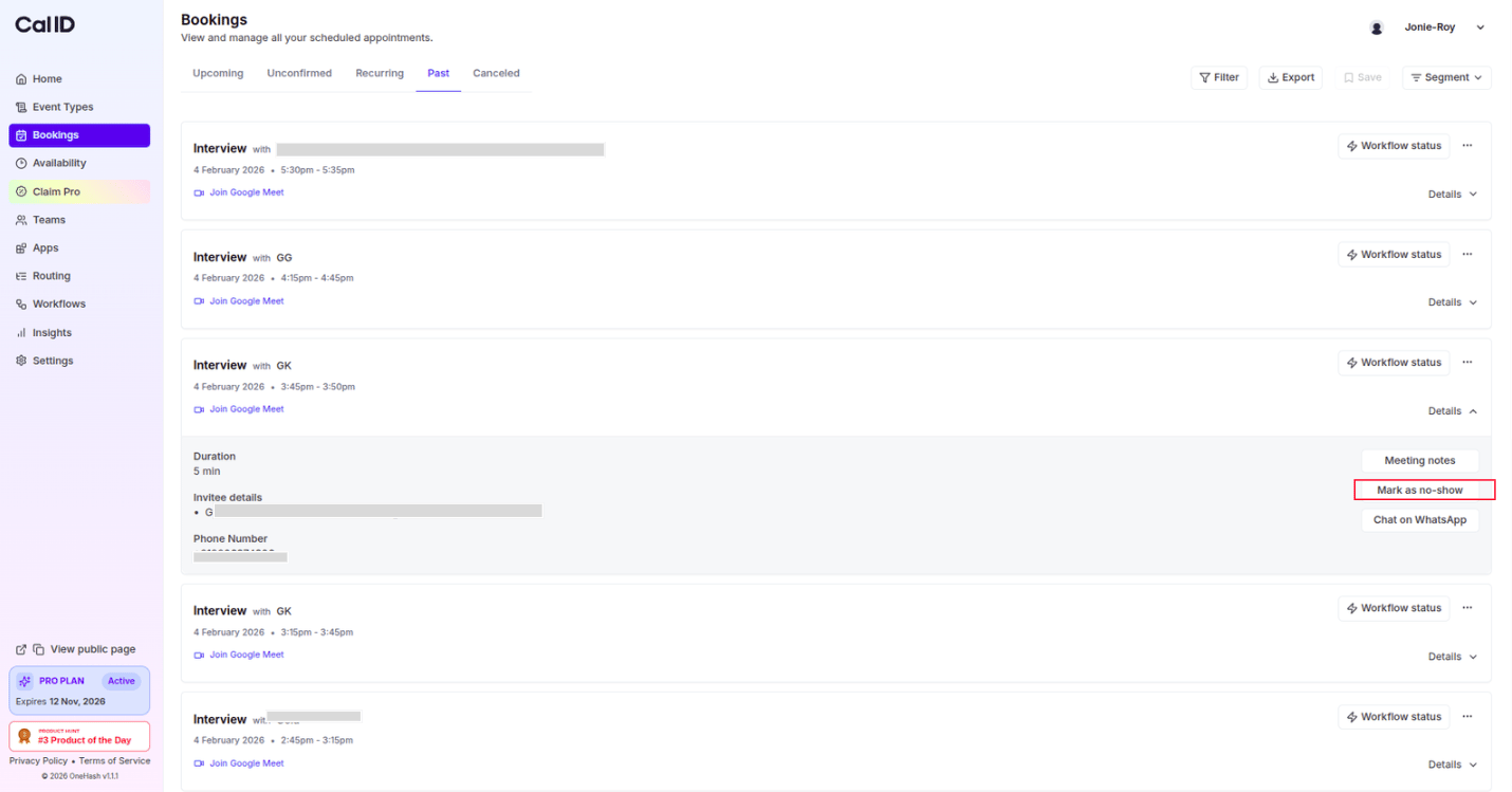 Mark no-show button on a past booking