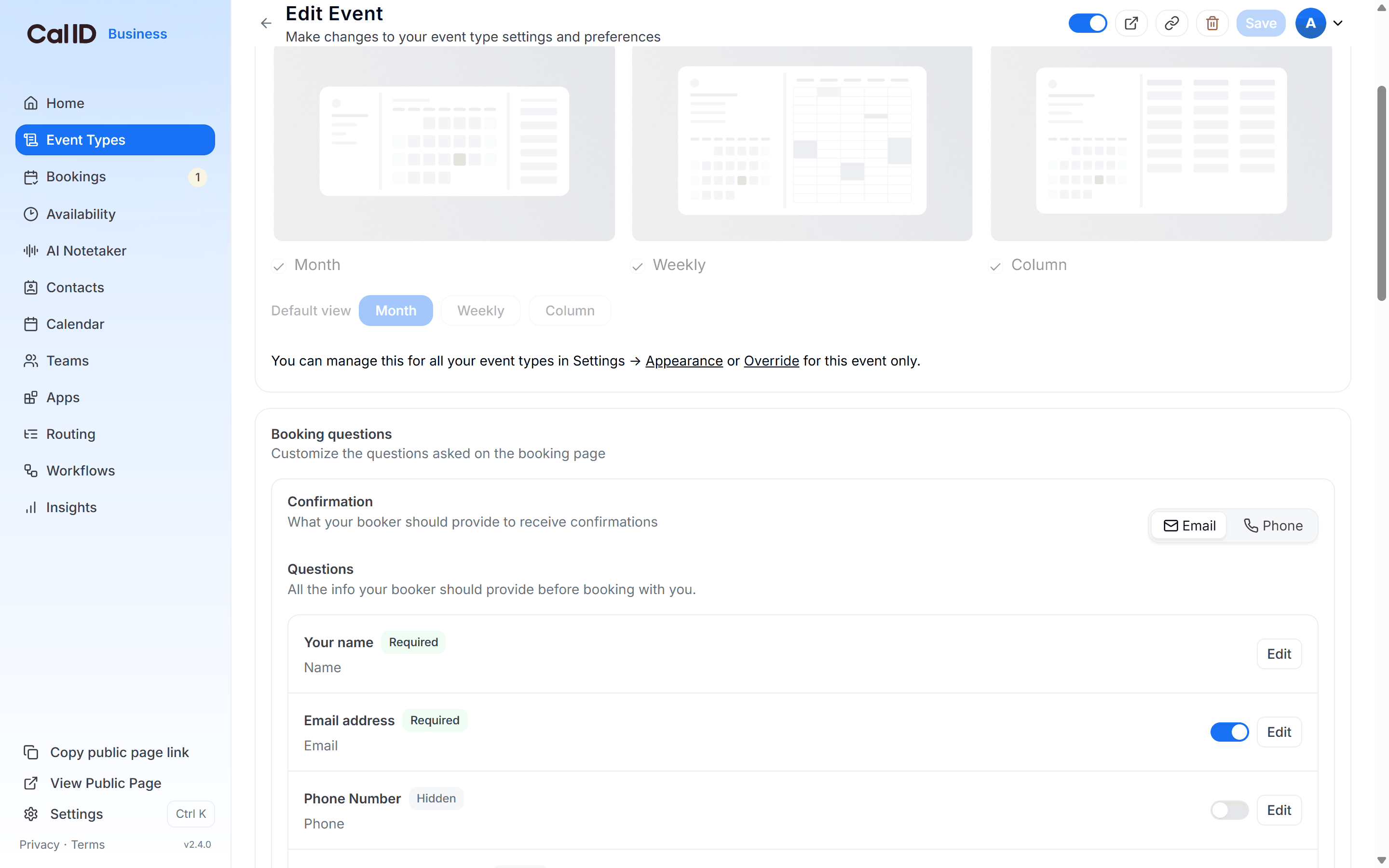 Advanced tab scrolled to the Booking questions section, showing the existing questions and the + Add a question button beneath them