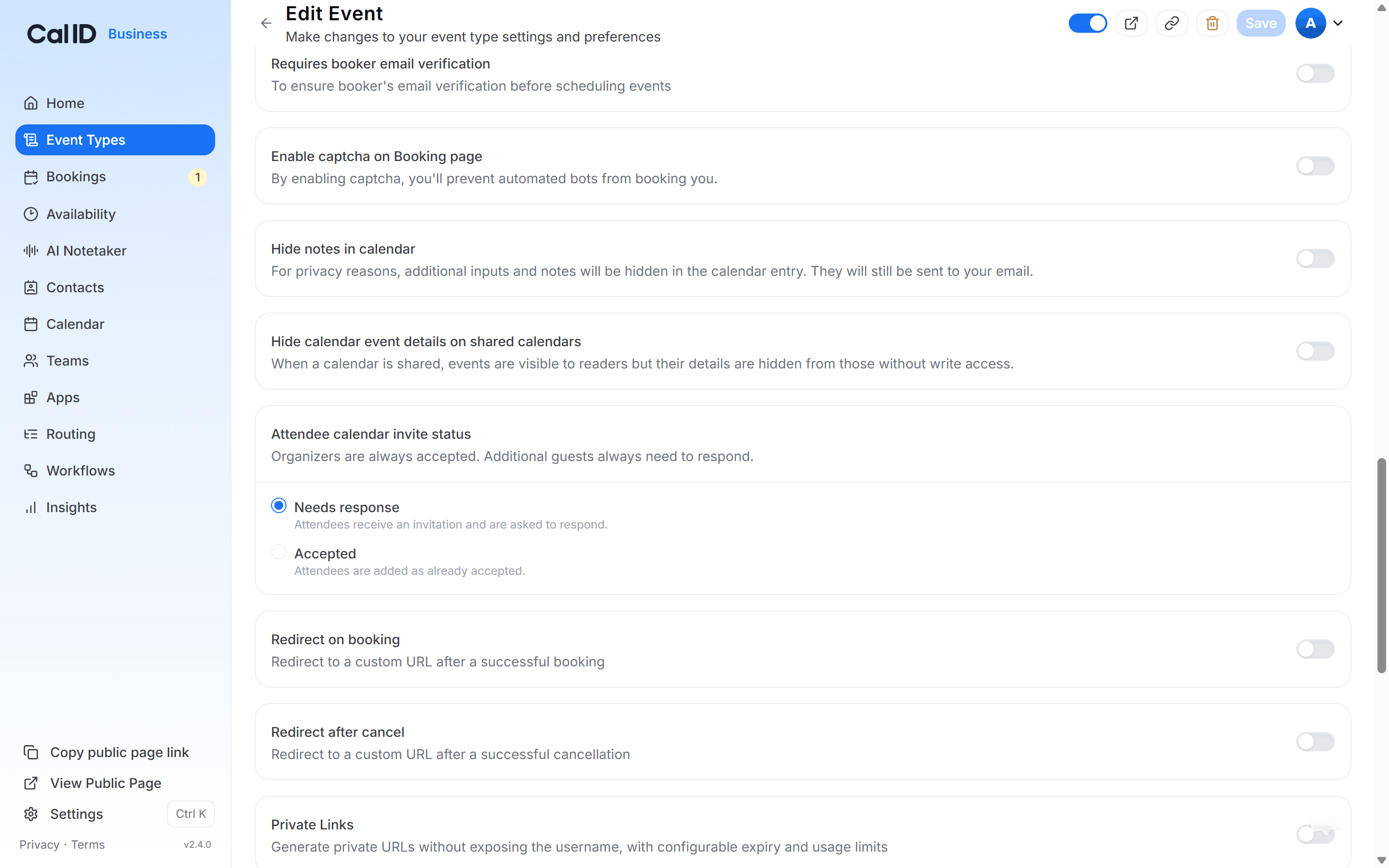 Advanced tab of an event type with the Attendee calendar invite status dropdown showing the Needs response and Accepted options