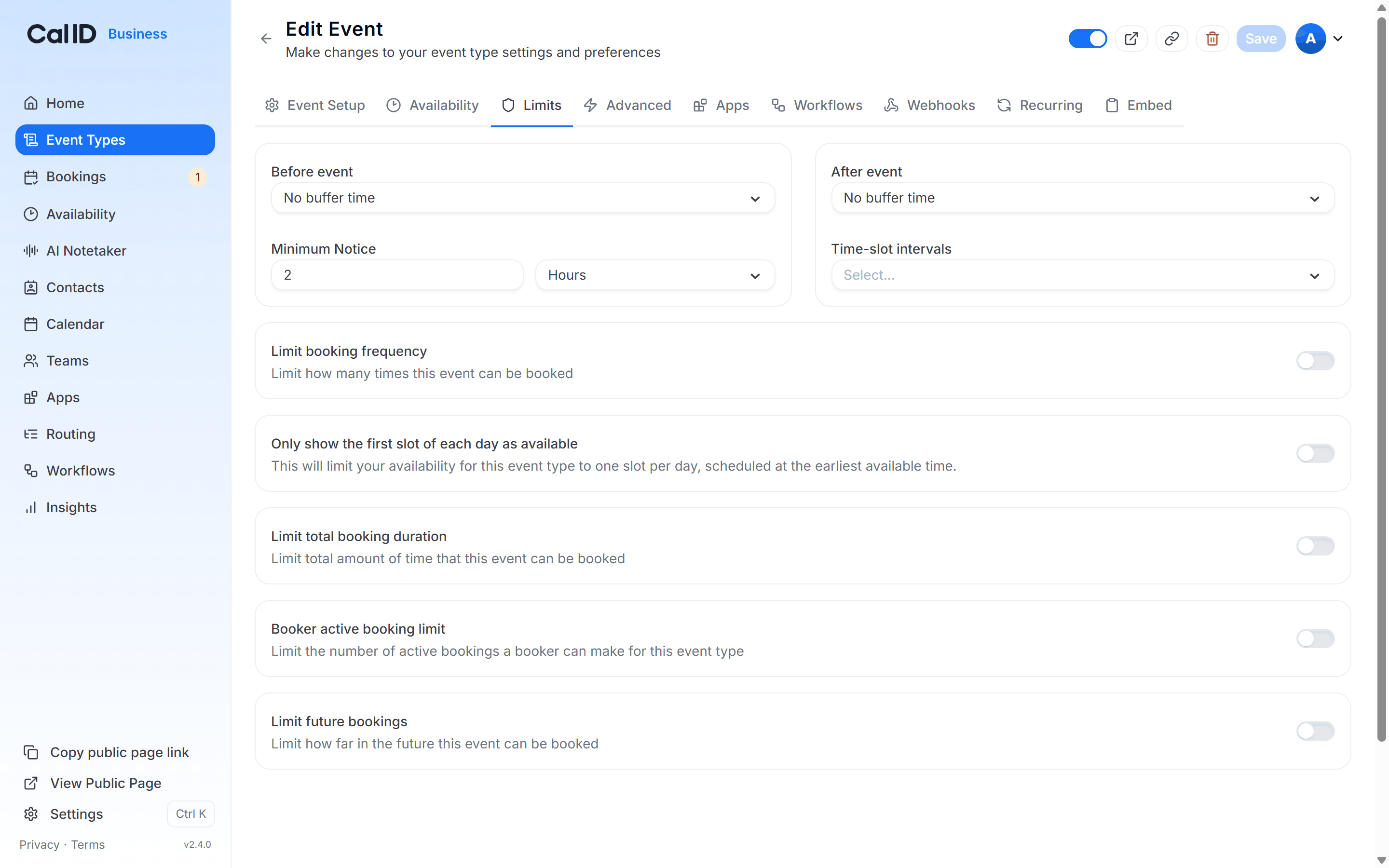 Limits tab with Limit booking frequency toggled on, a value of 3 entered and the period dropdown set to per day