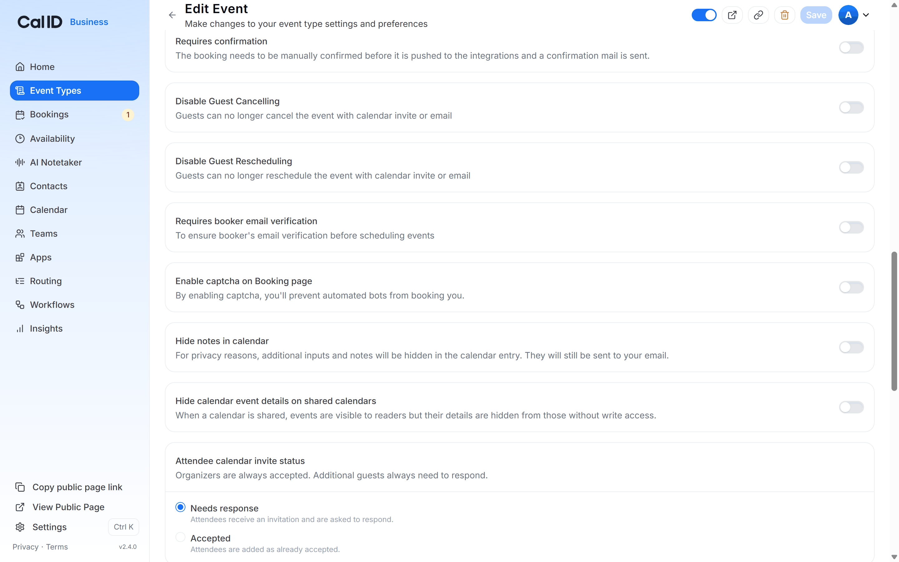 Advanced tab with the Enable captcha on booking page toggle switched on and the Select captcha strength dropdown open on Low, Medium and High