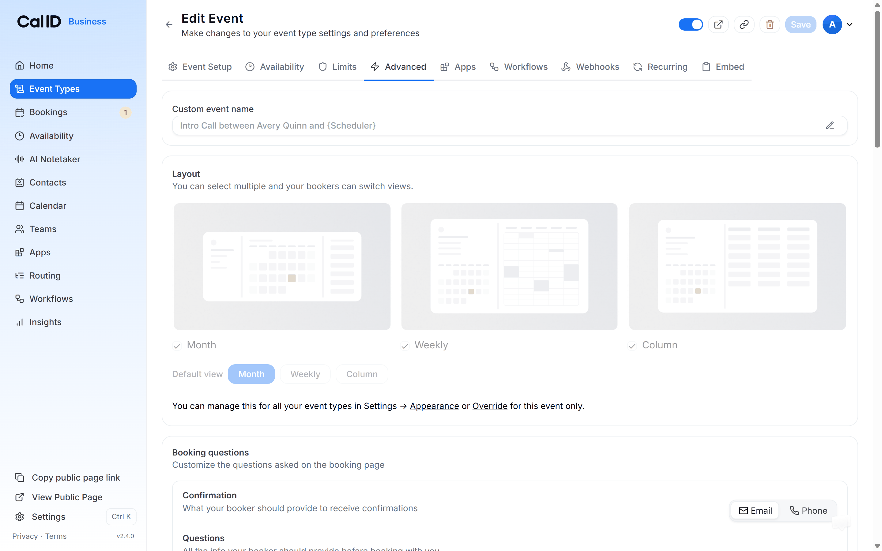 Advanced tab with the Event name field holding a title template built from booking variables