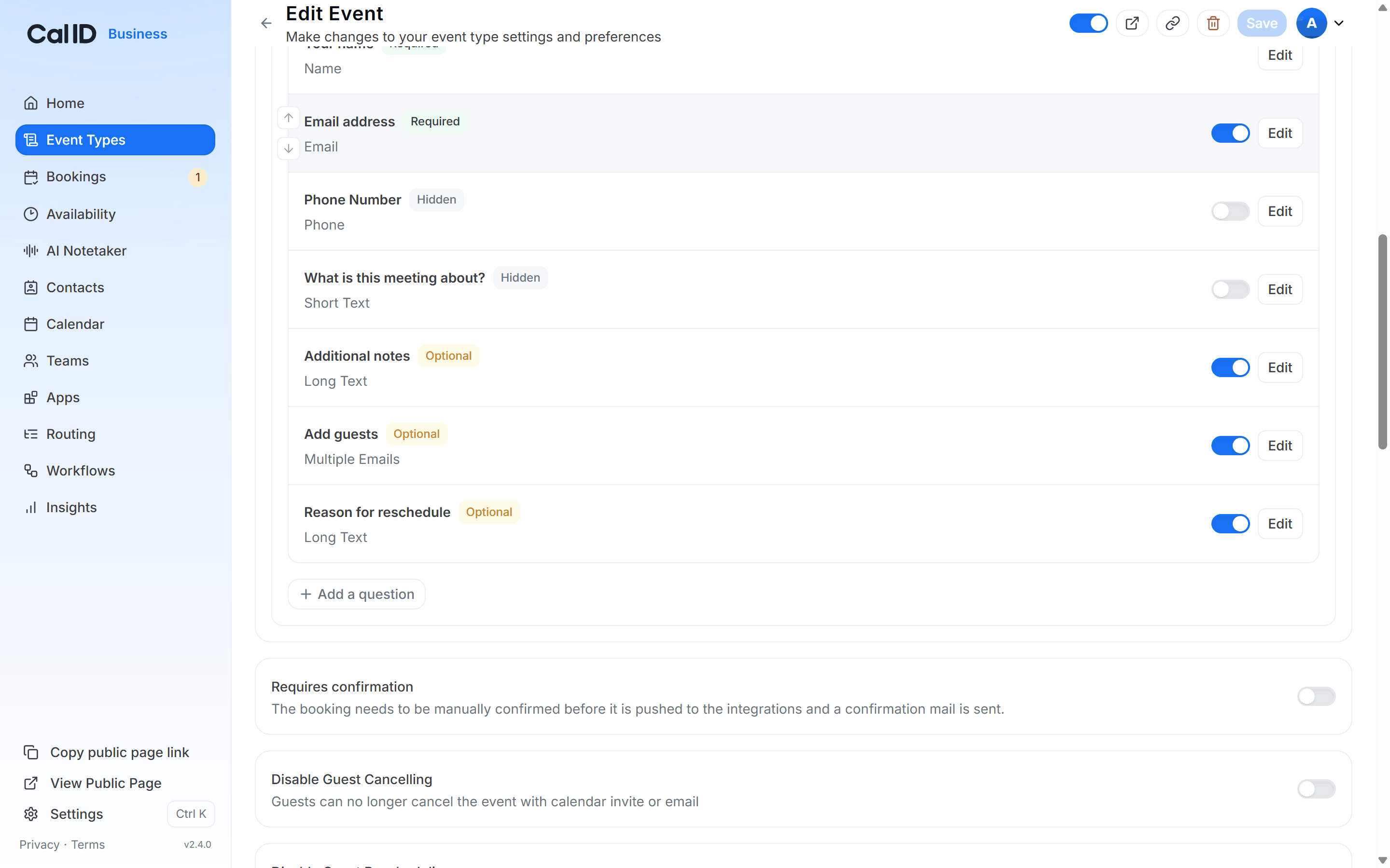 Booking questions list on the Advanced tab with the Add guests question's toggle switched off while Your name and Email address stay on
