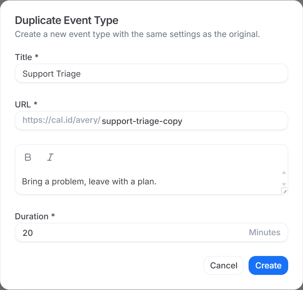 Duplicate Event Type dialog with editable Title, URL, Description, and Duration fields