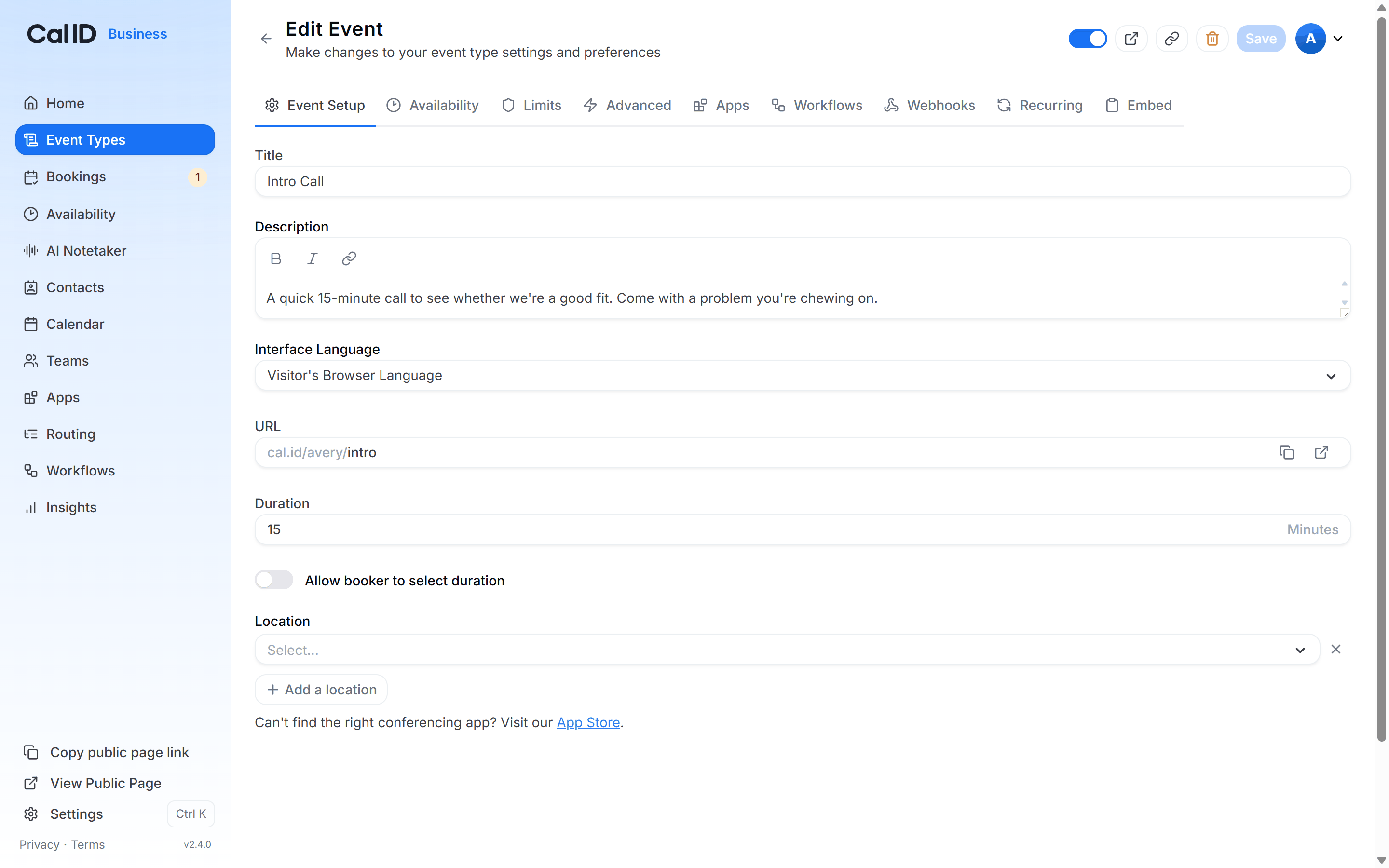 Setup tab with the Title field of the event type holding the new event name
