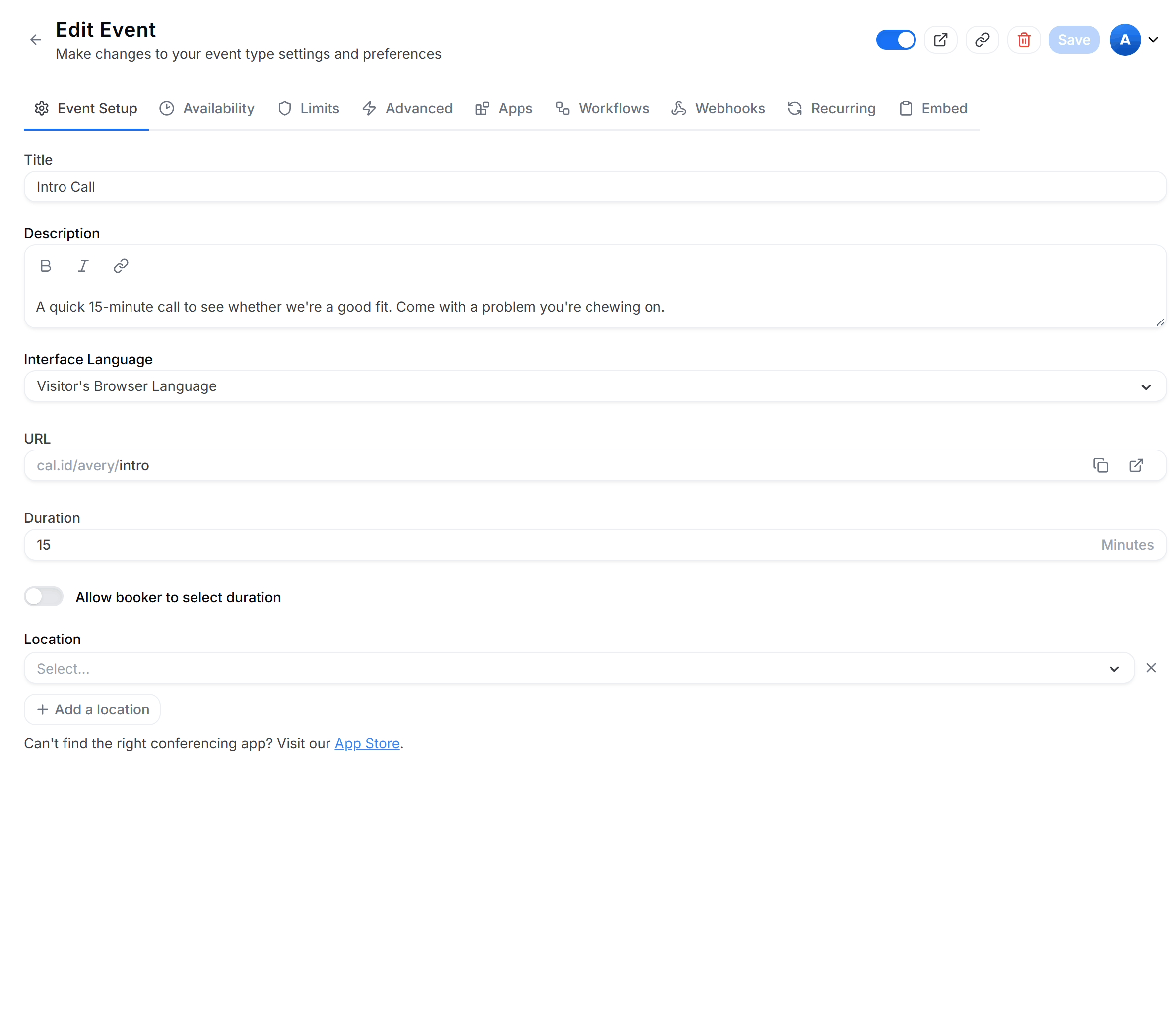 Setup tab with the Description text box containing details about the meeting
