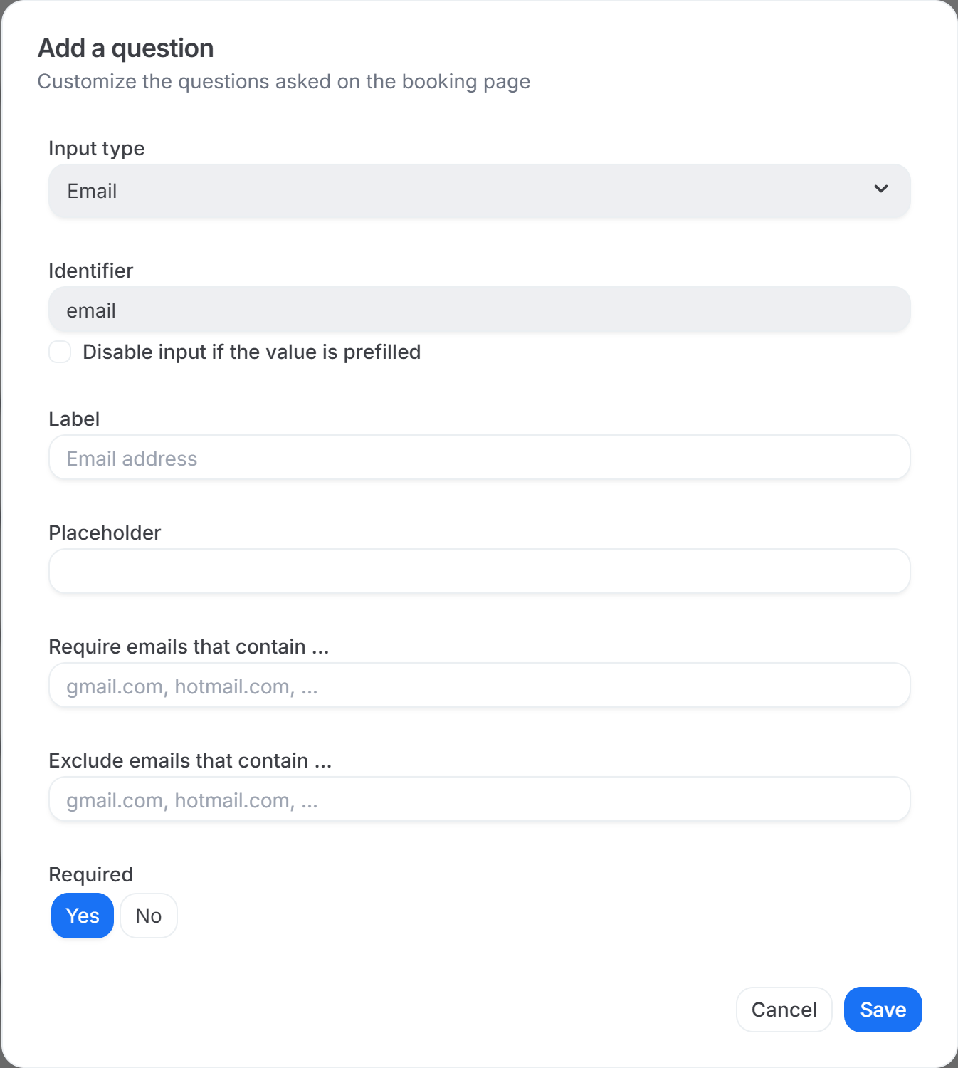 Add a question dialog for the Email address question, showing the "Require emails that contain" and "Exclude emails that contain" rule fields