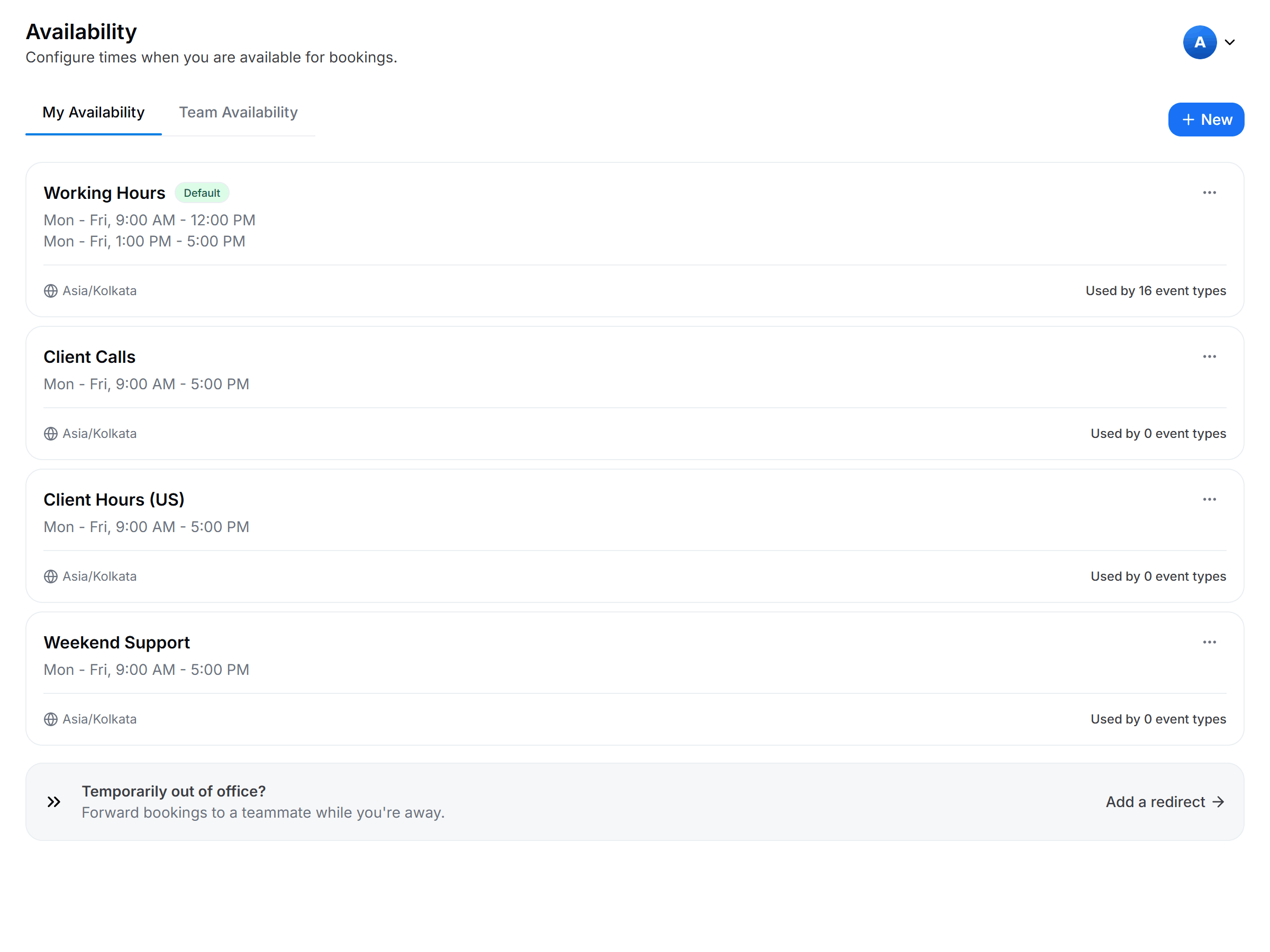 Availability tab of the event editor with the schedule dropdown showing a saved availability schedule selected