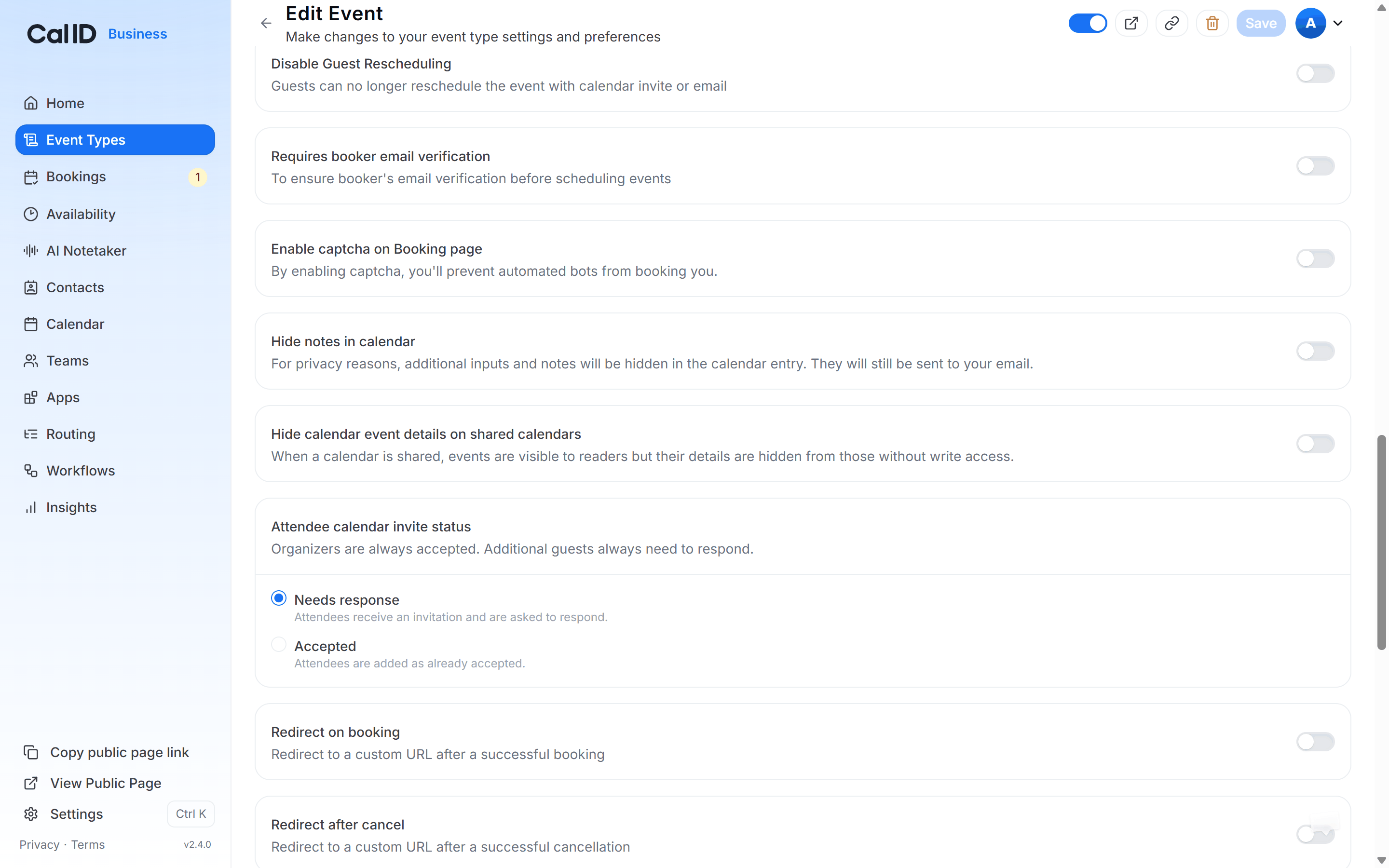 Advanced tab with the Hide calendar event details on shared calendars toggle switched on