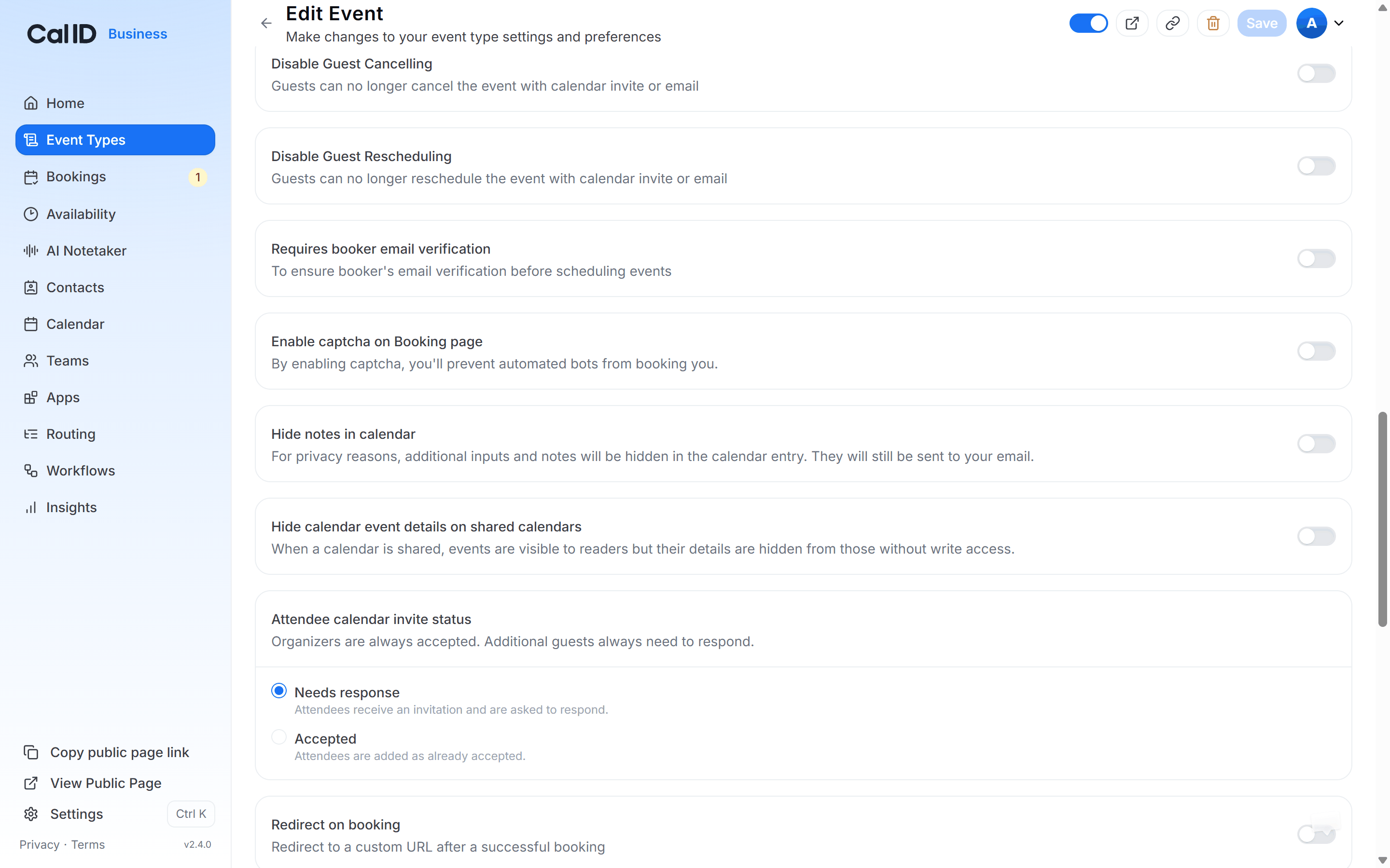 Advanced tab with the Hide notes in calendar toggle switched on
