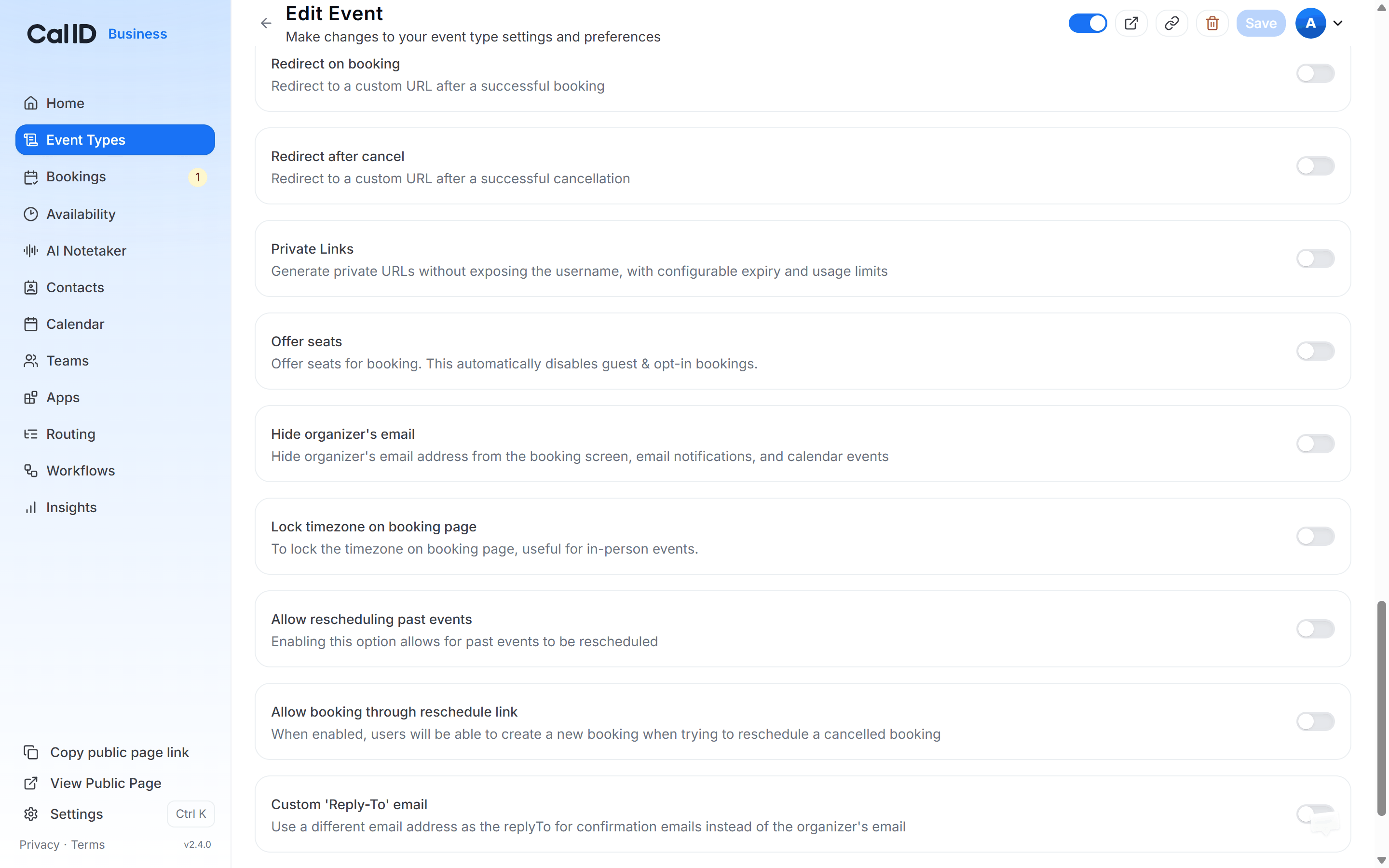 Advanced tab with the Hide organizer's email toggle switched on and the Save button in the top right