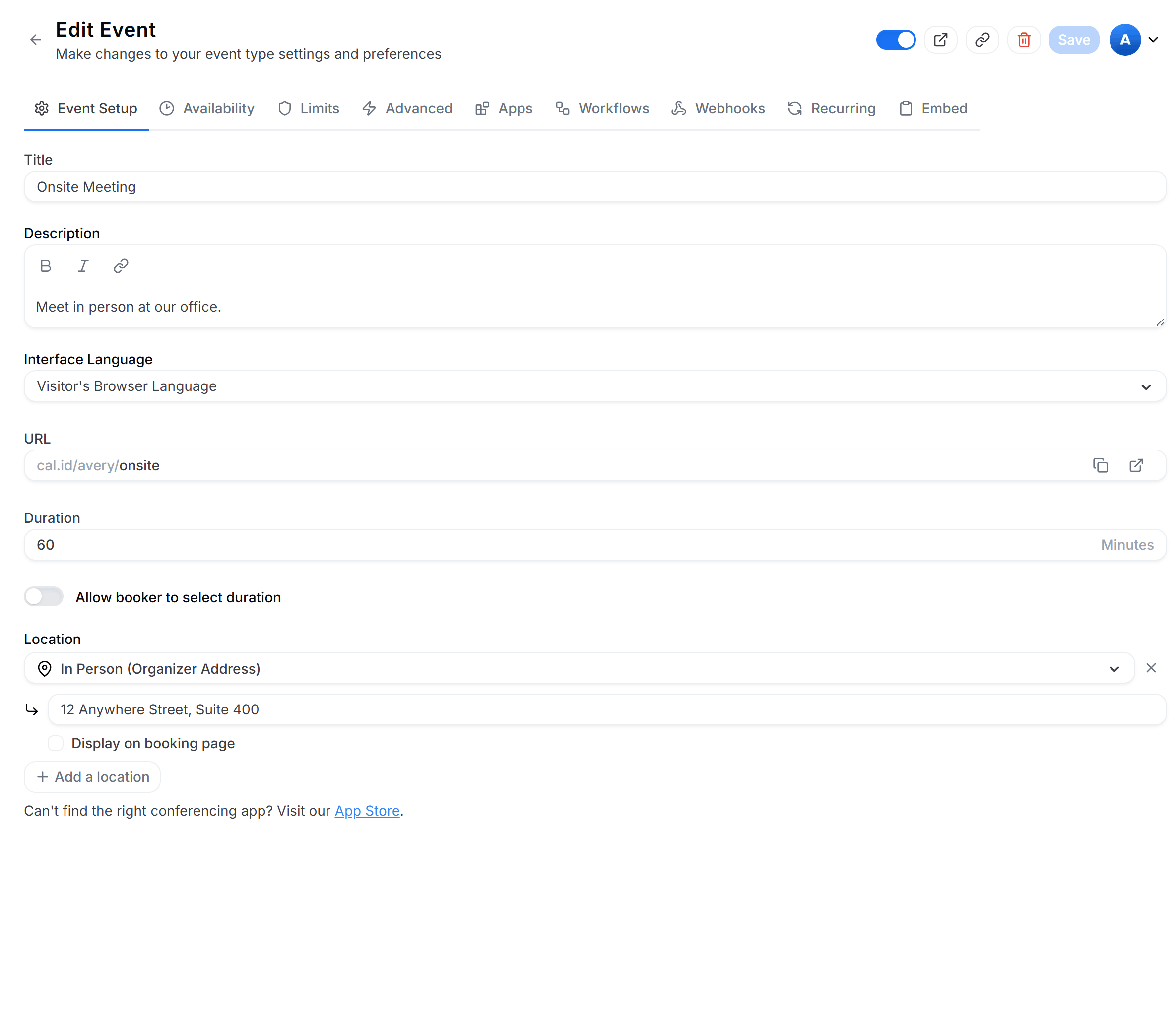 Location section of the event Setup tab with the Add location dropdown open, listing In Person, Link, phone and video conferencing options