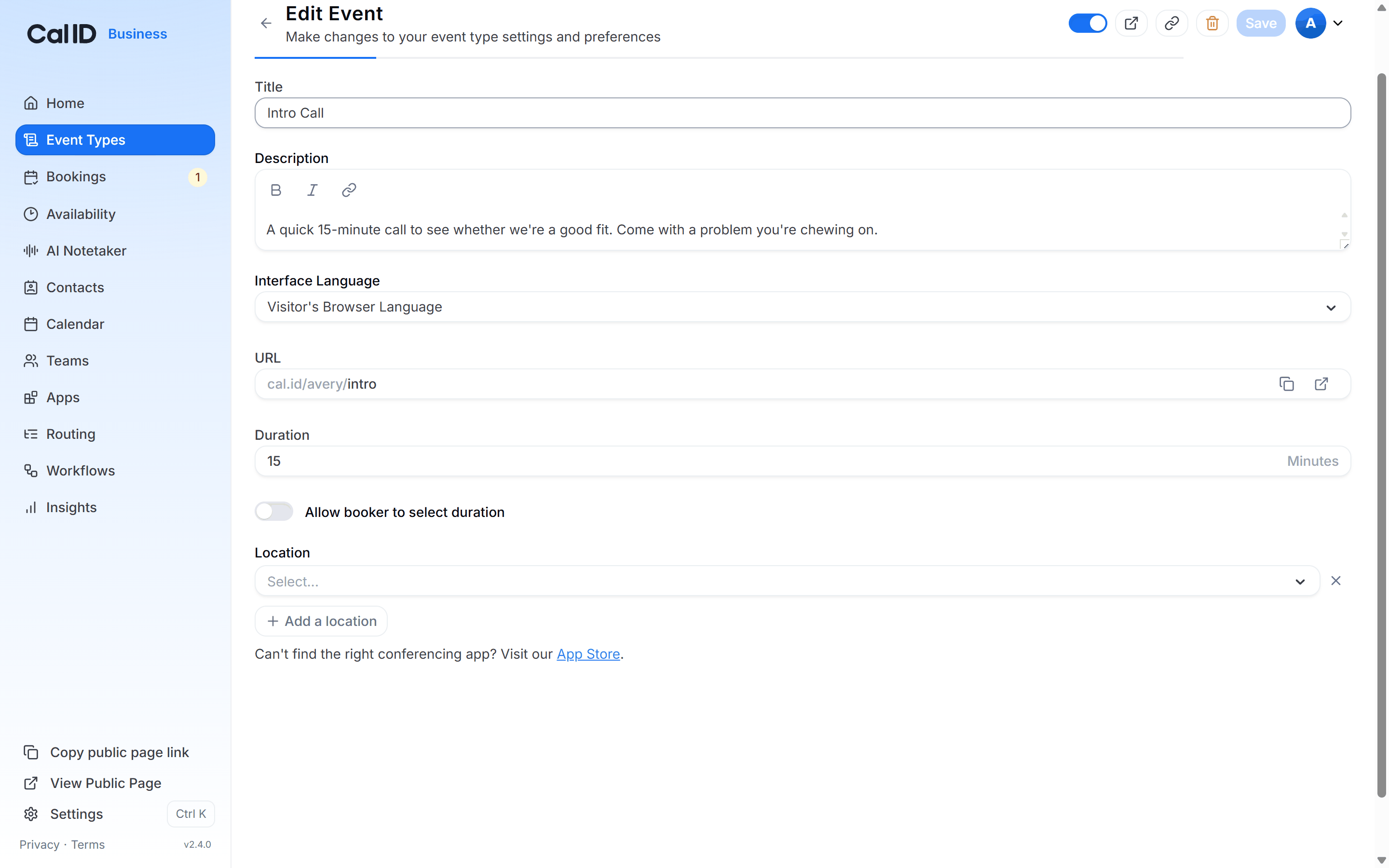 Duration section of the Setup tab with the Allow booker to select duration toggle on, several lengths listed under Available durations and a Default duration chosen