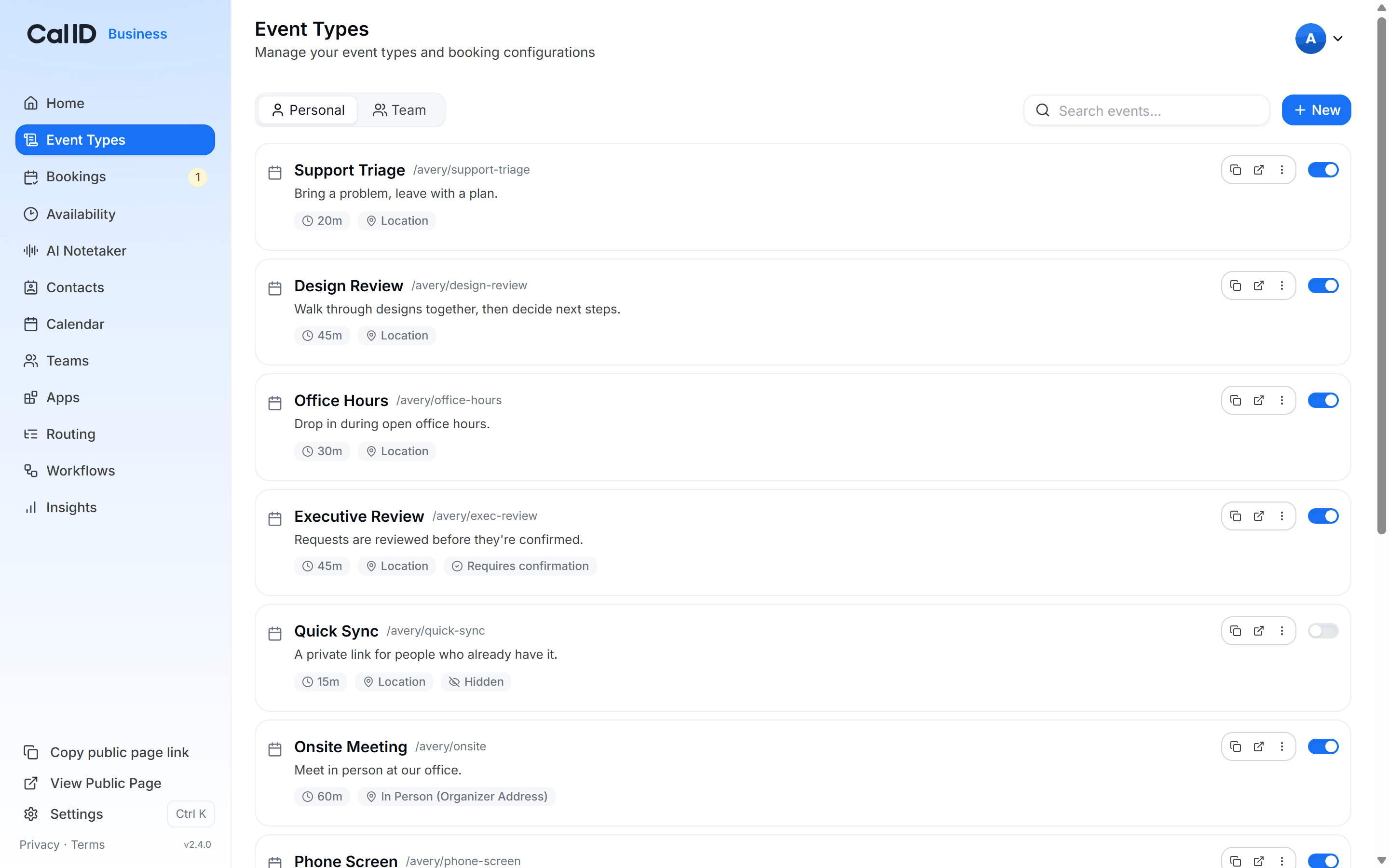Event Types page listing each bookable event with its URL, duration, and visibility toggle