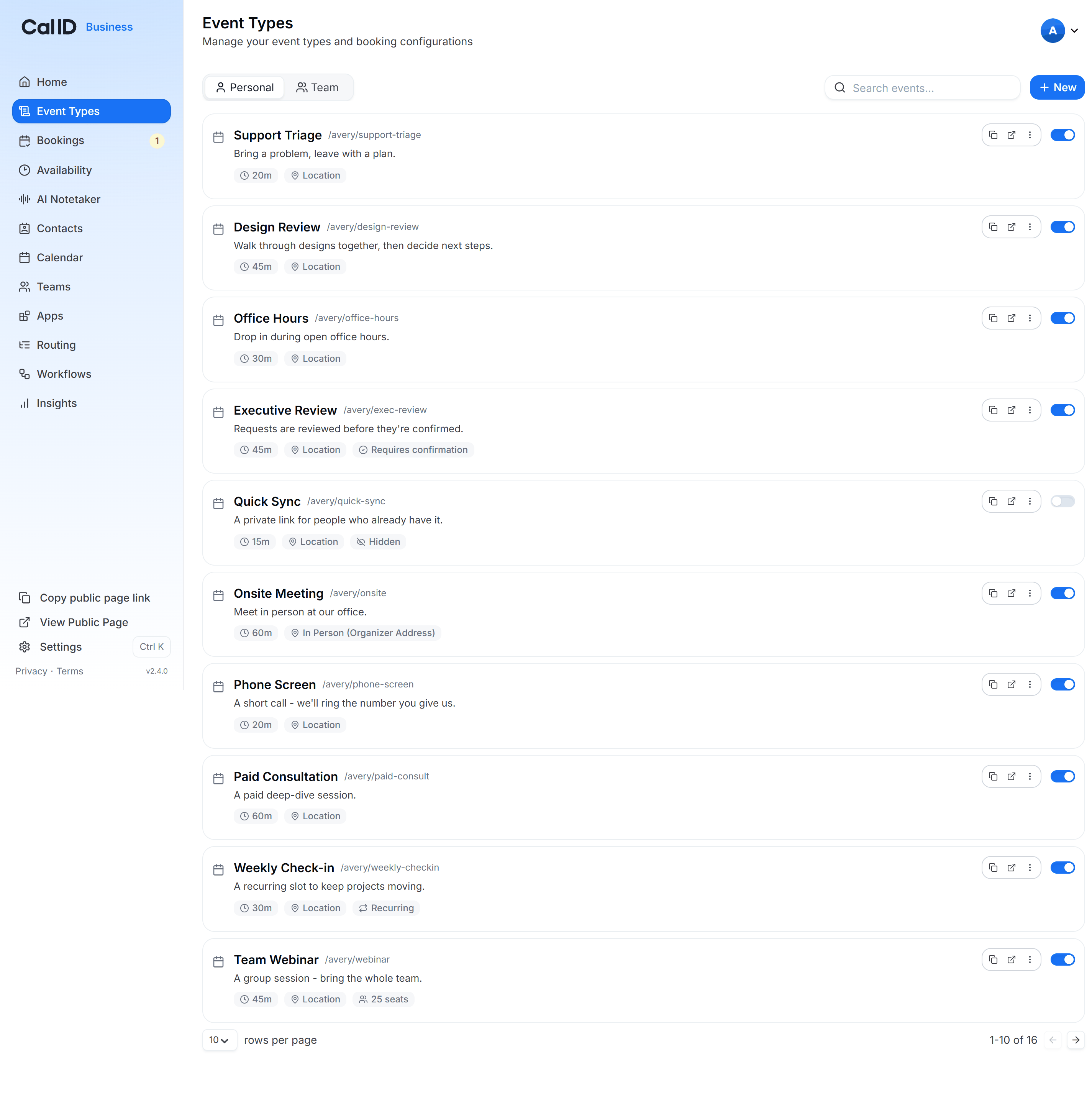 Event Types page listing active and hidden events, each card with a six-dot drag handle on the left