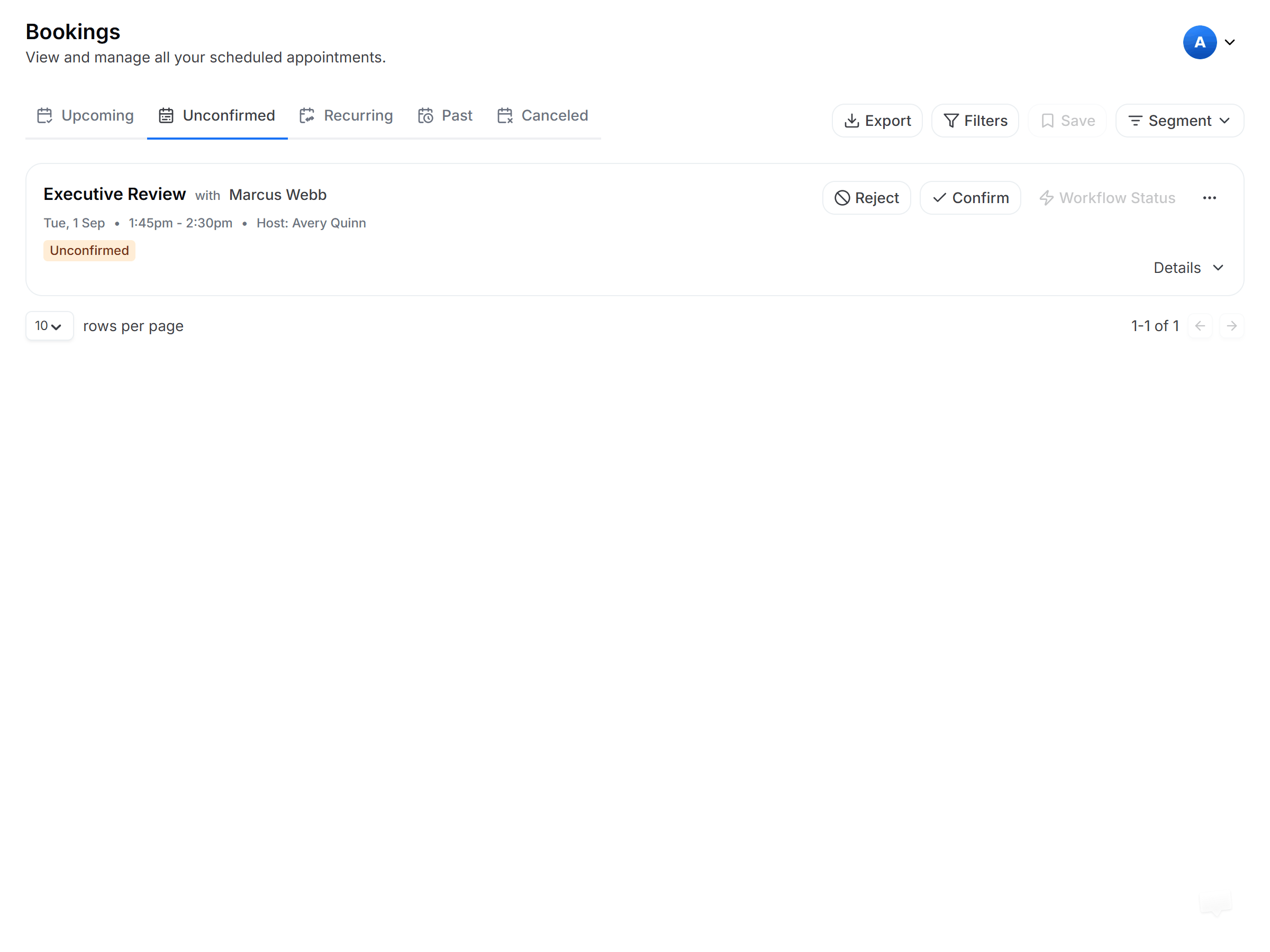 Bookings tab filtered to Unconfirmed, listing pending requests with Confirm and Reject buttons