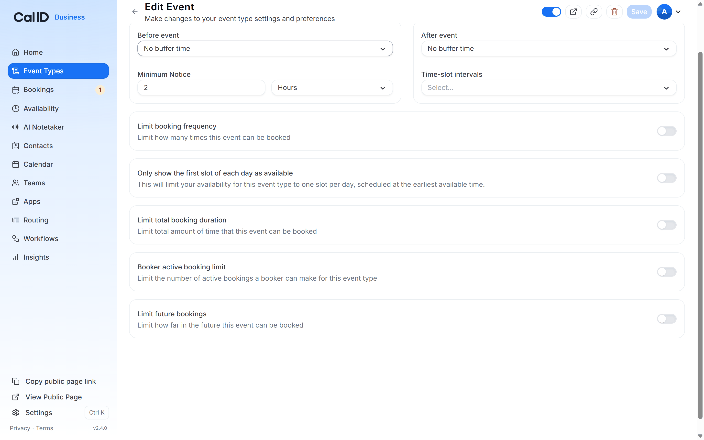 Limits tab with Limit total booking duration toggled on, a number of hours entered and the timeframe dropdown set to per day