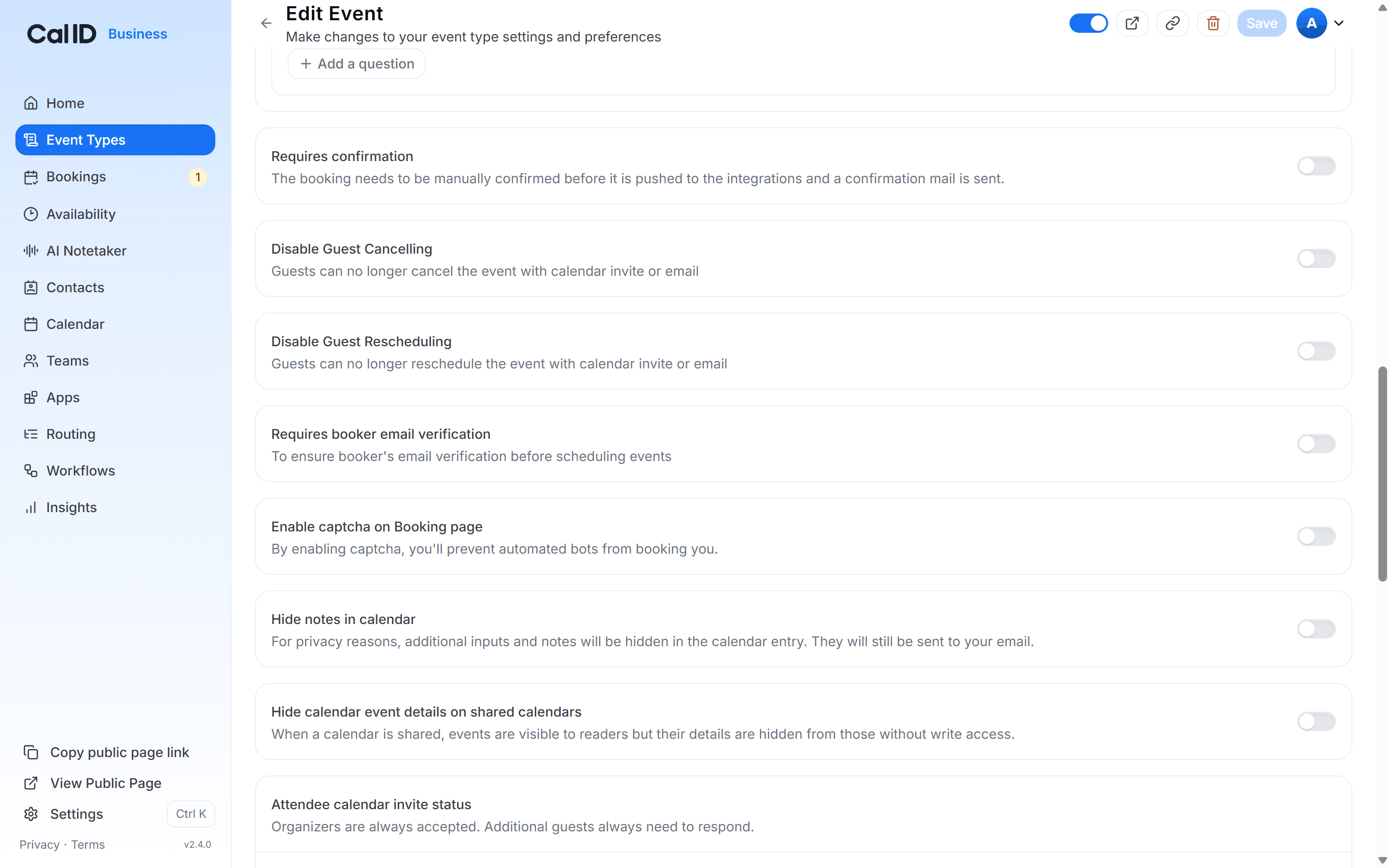 Advanced tab with the Requires booker email verification toggle switched on, and the blue Save button in the top right