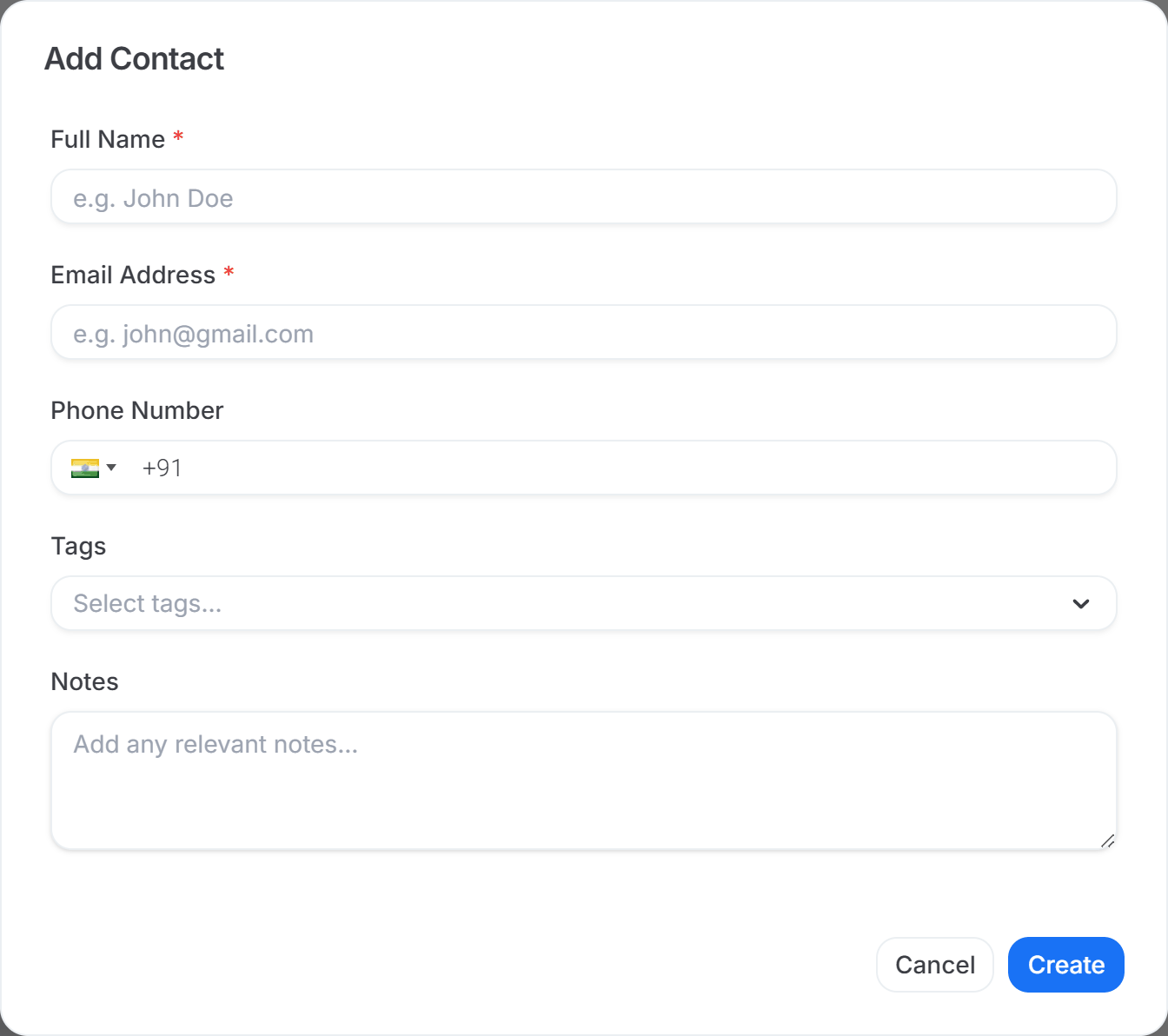Add Contact pop-up with Full Name, Email Address, Phone Number and Notes fields above the save button