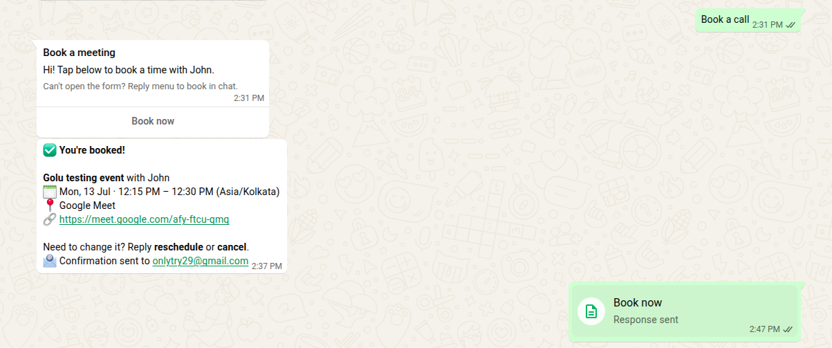 WhatsApp confirmation card showing the updated date, time and location for the booking