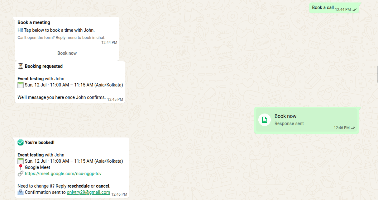 WhatsApp card showing a Booking requested status for a meeting that still needs the host's confirmation