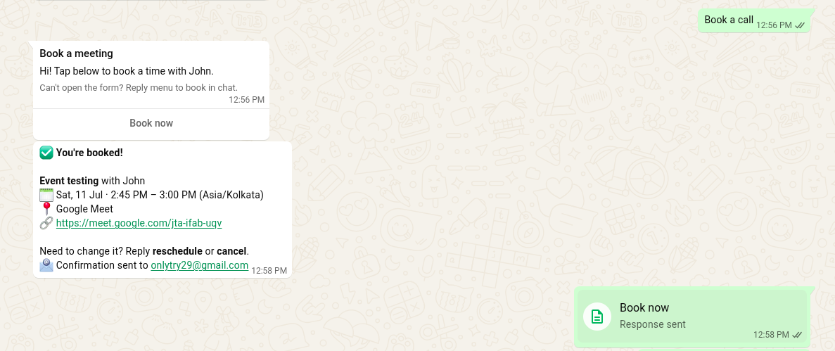 WhatsApp receipt card listing the confirmed event and host name, date, time and timezone, location, attendee details and status