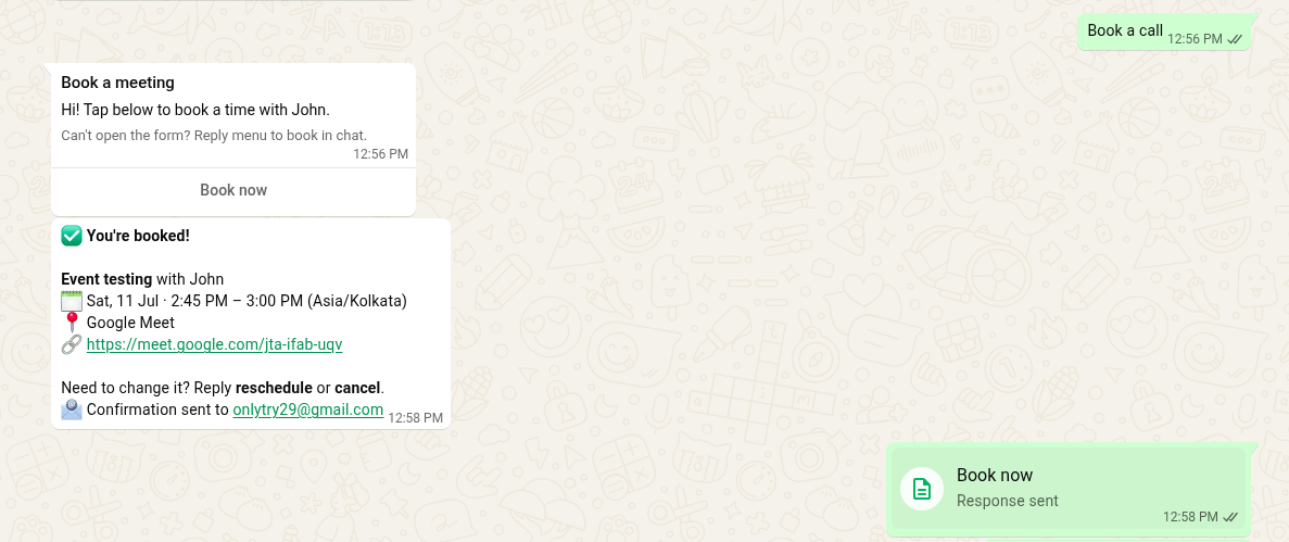WhatsApp receipt card listing the confirmed event and host name, date, time and timezone, location, attendee details and status