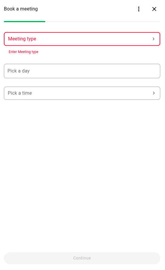 WhatsApp chat showing the list of bookable event types